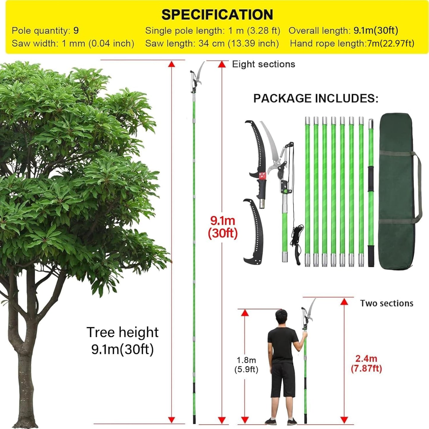 30 Feet Tree Pole Pruner Manual Branches Trimmer Tree Branch Garden Tools Loppers Hand Pole Saws Extendable Height Adustable System for Sawing and Shearing