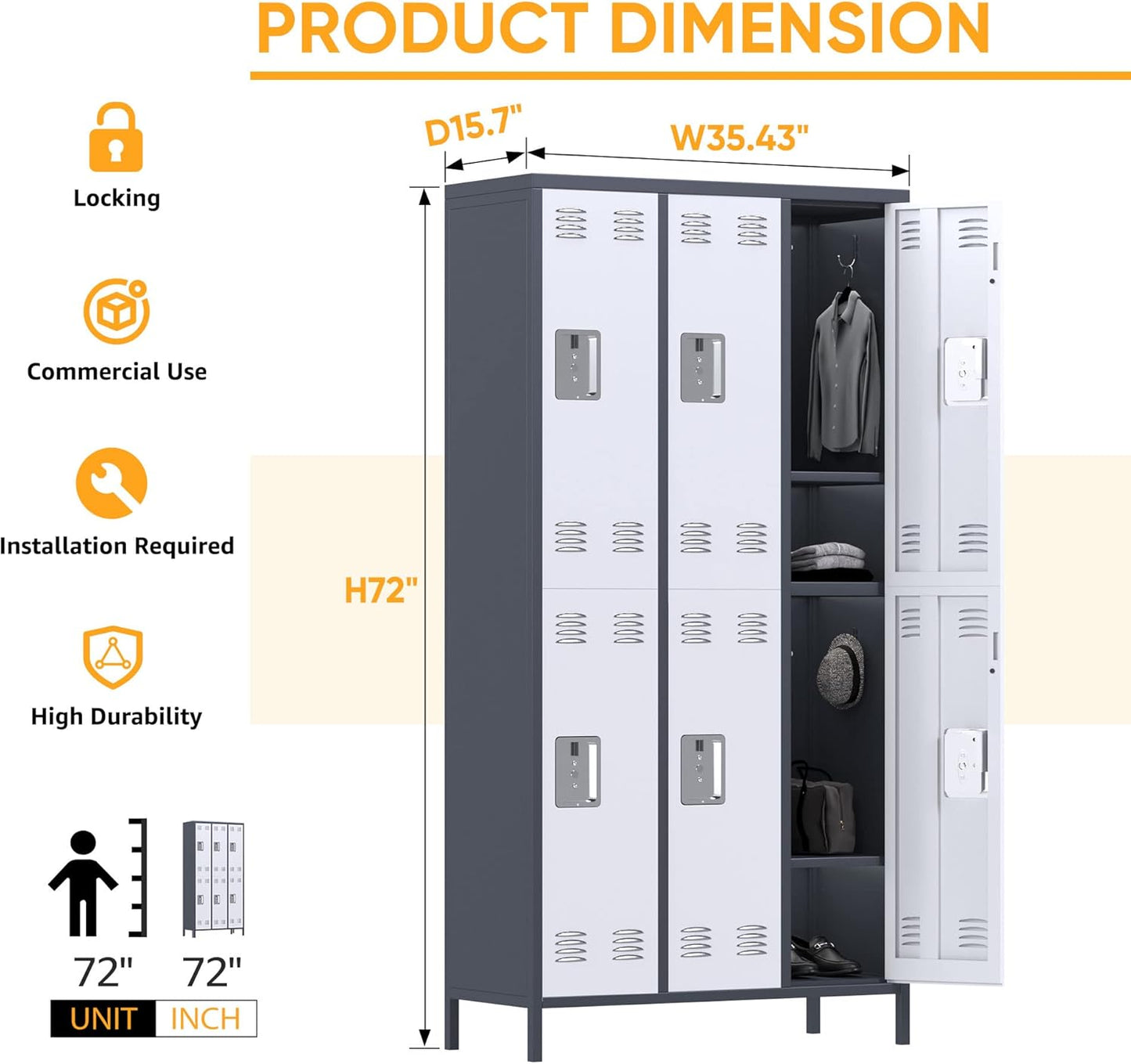 METAN Metal Locker for School Office Gym Bedroom,6 Doors Steel Storage Locker Cabinet for Employees,Industrial Storage Locker with 1 Shelves,Assembly Required,Gray+White…