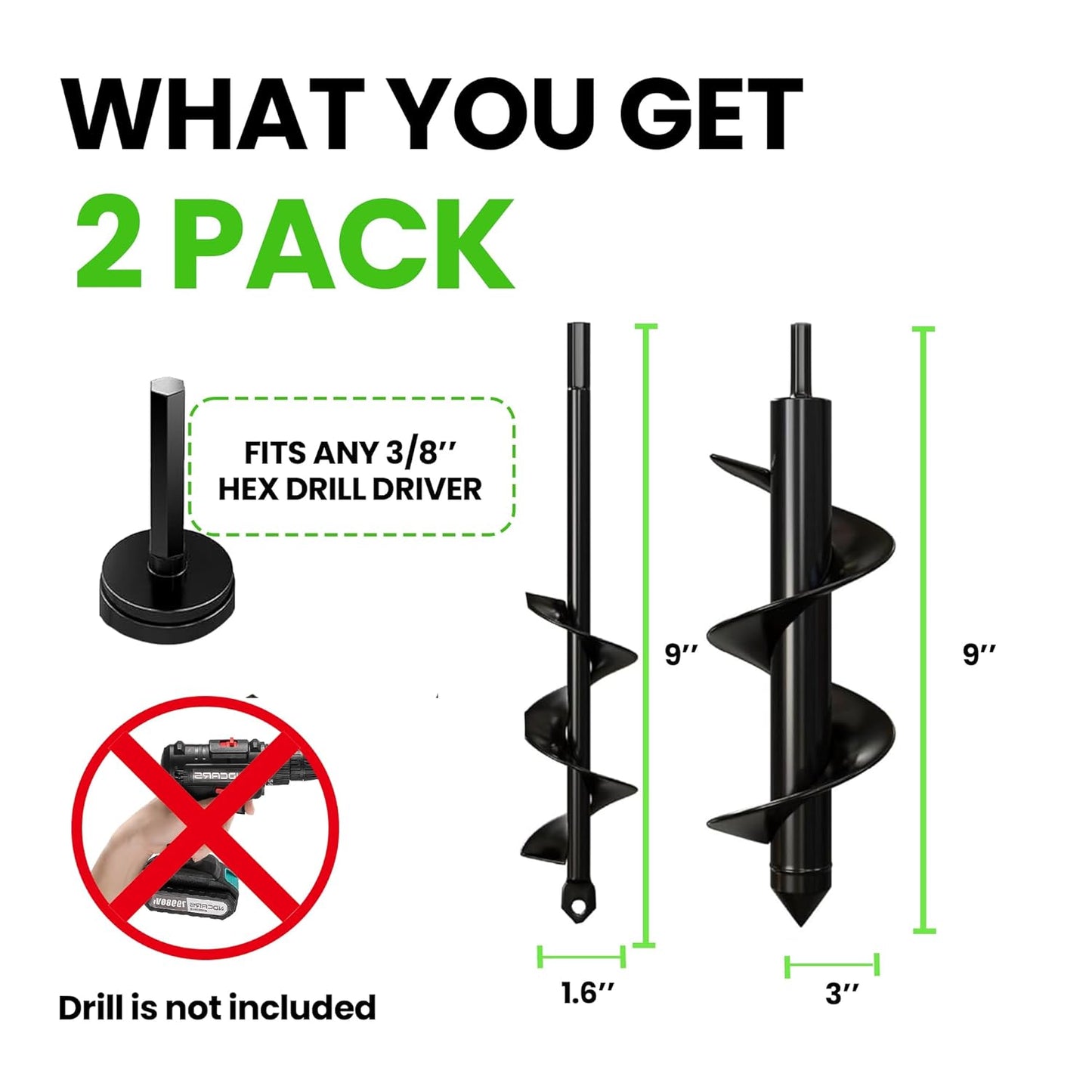 K-Brands Auger Drill Bit for Planting – 1.6 x 9 Inch & 3 x 9 Inch Set - Garden Spiral Hole Drill and Bulb Planter Tool - Bedding Plants, Umbrella Holes - 3/8 Inch Hex Drive Drill