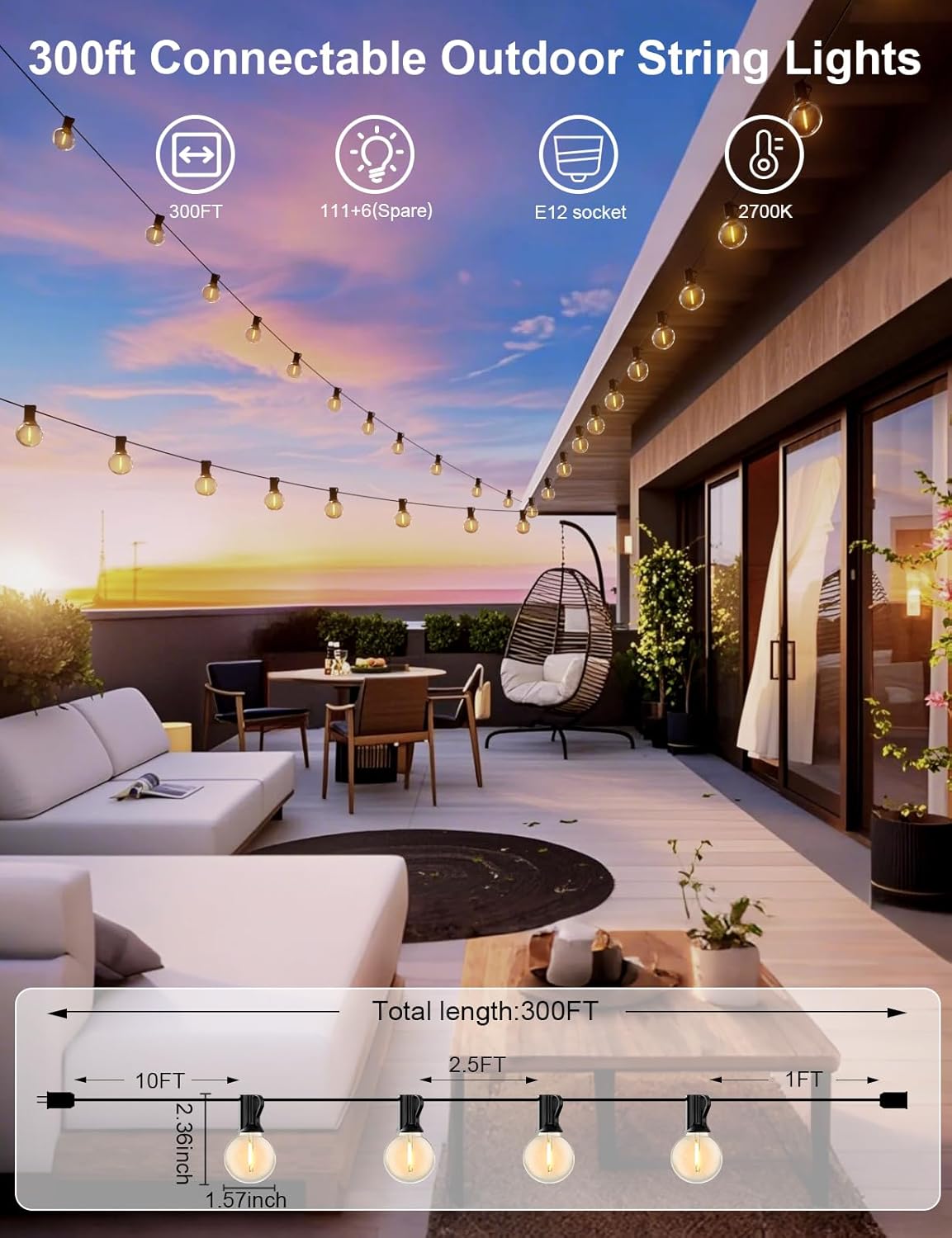 RTTY Outdoor String Lights 300 FT Globe LED Patio Lights with G40 Plastic Bulbs,Waterproof Shatterproof Dimmable Connectable Hanging for Backyard Porch Balcony Party Cafe Deck Decor