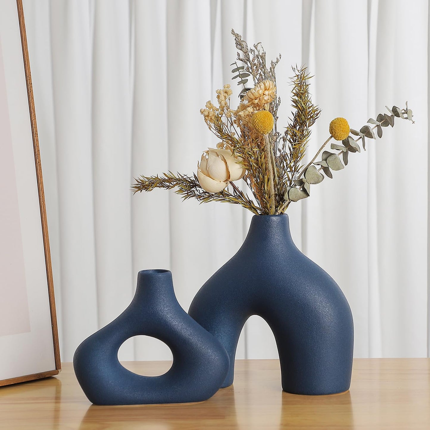 CEMABT Blue Ceramic Vase Set of 2 for Modern Minimalist Bohemian Decor，Round Matte Donut Vases for Pampas Grass-Perfect for Living Room, Dining Table, Office Bedroom Shelf Decor Entryway, Console