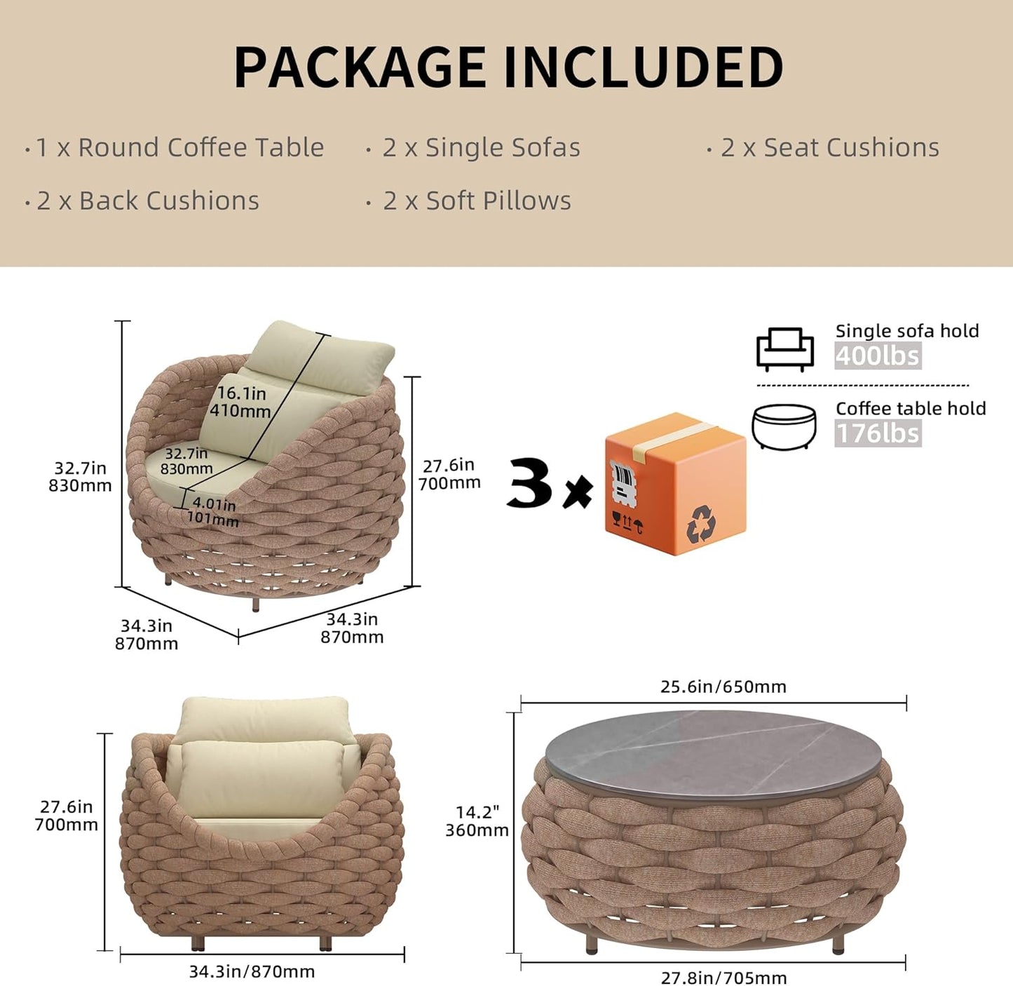 TWT 3 Pieces Aluminum Patio Furniture Set Quick Drying Textilene Rope Outdoor Sofa Set w/Washable Cushion and Rock Slab Tabletop, Conversation Furniture for Livingroom Poolside Balcony (Khaki)