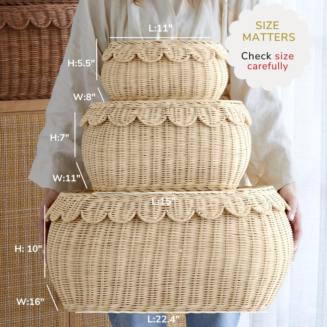 BEBE BASK Large Scalloped Basket Set Of 3 - Hand-Woven & Award-Winning Scallop Basket - XL - Extra Large for Blankets 22 x 16 x 10 In - Elegant Wicker With Scalloped Edge Lid (Natural)
