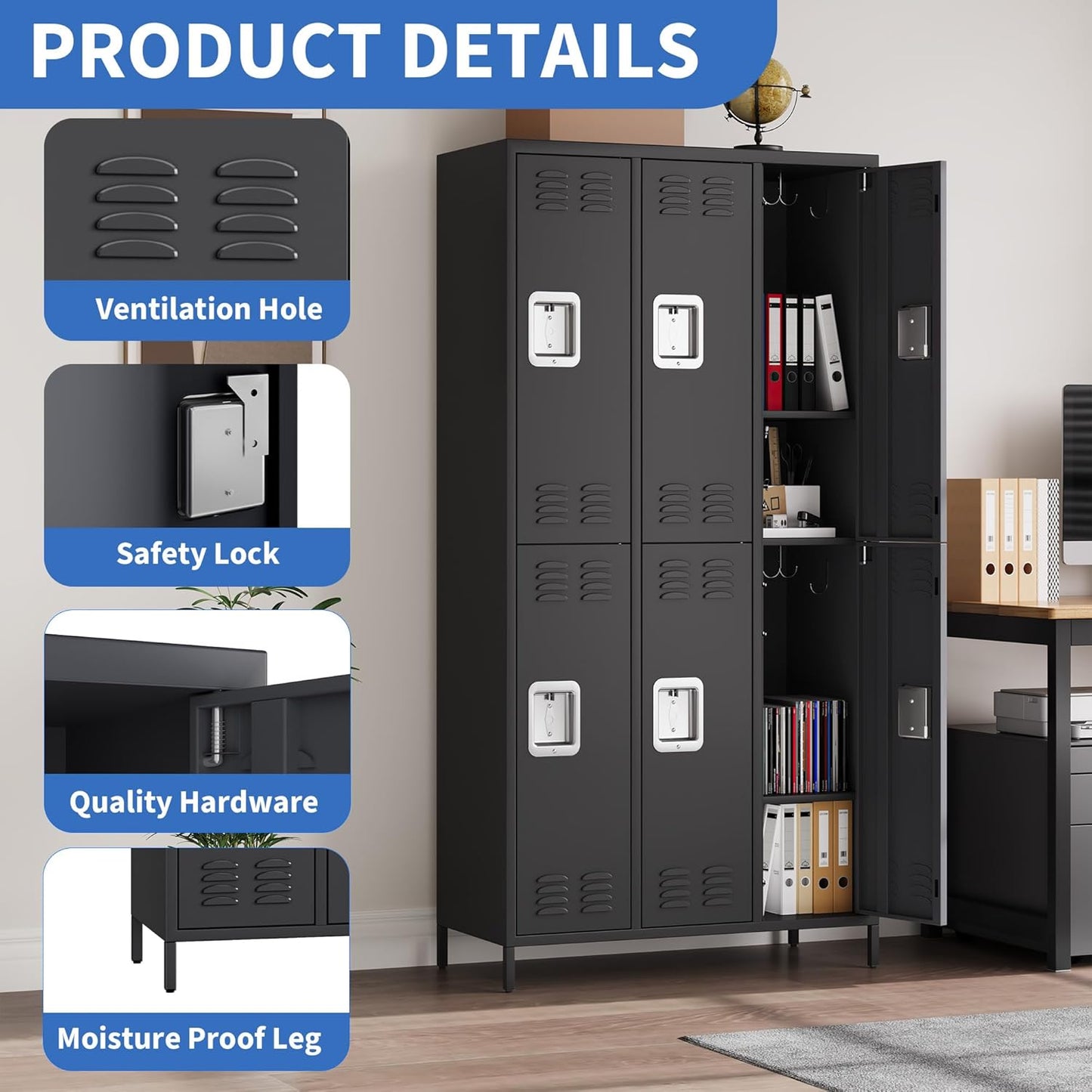 6 Doors Employee Lockers for Office, Metal Sorage Locker Combination, Lockable Employees Metal Locker With Door, Industrial Storage Lockers for Home, School, Gym