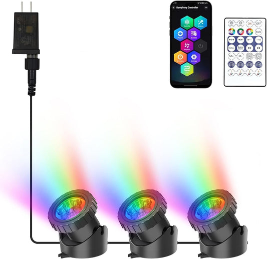 RGB Underwater Pond Lights, Super Bright LED Submersible Fountain Lights Colored Landscape Spotlights, Bluetooth APP Control IP68 Waterproof for Fish Aquarium Tank Garden Yard Pool (Set of 3)