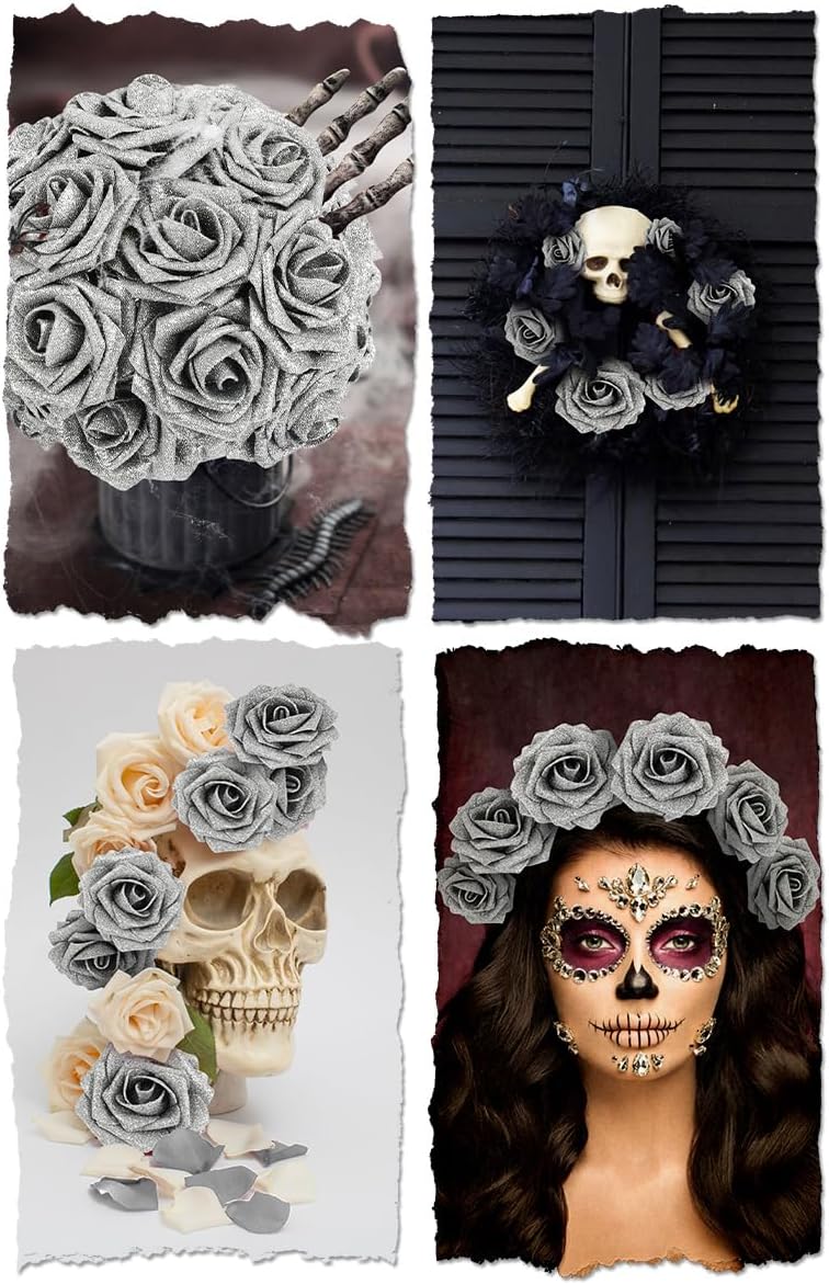 N&T NIETING Artificial Flowers Glowing Silver Flowers Foam 25pcs Glitter Roses Real Looking Fake Roses with Stem for DIY Wedding Bouquets Centerpieces Bridal Shower Party Home Decorations