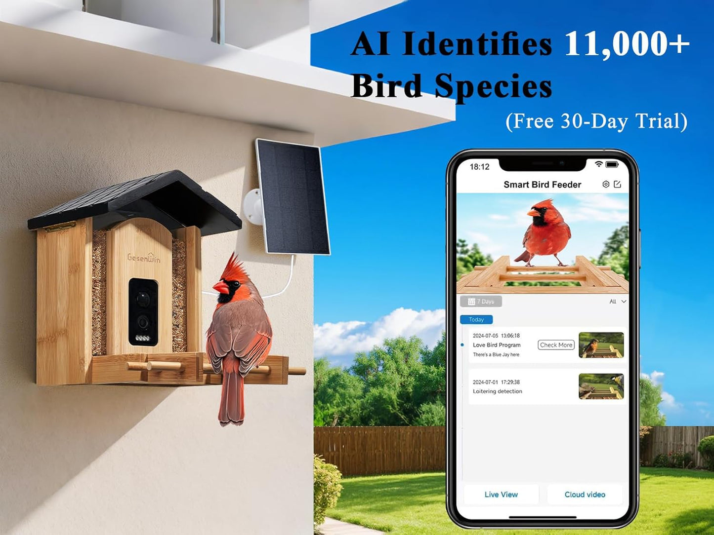 Smart Bird Feeder with Camera for Wild Birds - Identifies 11,000+ Species, Solar Panel Wireless Outdoors Bamboo Birdhouse with Cam, 2K HD Live Video & Instant Alerts - Bird Lover Gifts