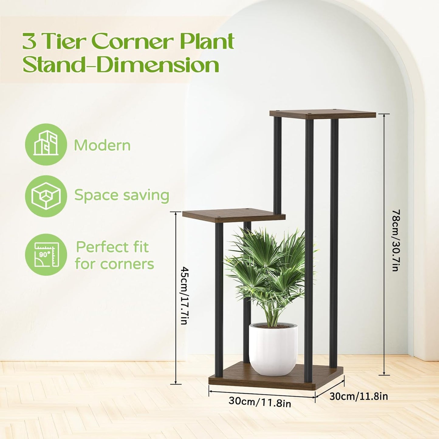 3 Tier Plant Stand Indoor Outdoor, Wood Metal Flower Shelf Pot Holder Clearance, Tall Multiple Plants Corner Rack Aesthetic Organizer for Patio Orchid Office Porch Living Room Garden, Black Oak