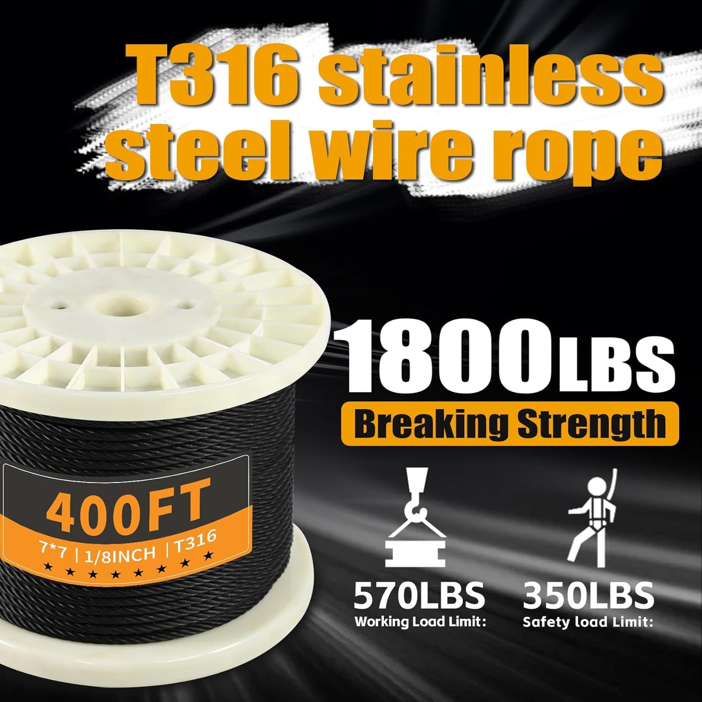 400FT 1/8" Stainless Steel Cable Black 7x7 Strands Aircraft Cable T316 Wire Rope with Cable Cutter 1800lbs Breaking Strength Metal Wire Cable for Deck Cable Railing, Stair, Fence, DIY Balustrades