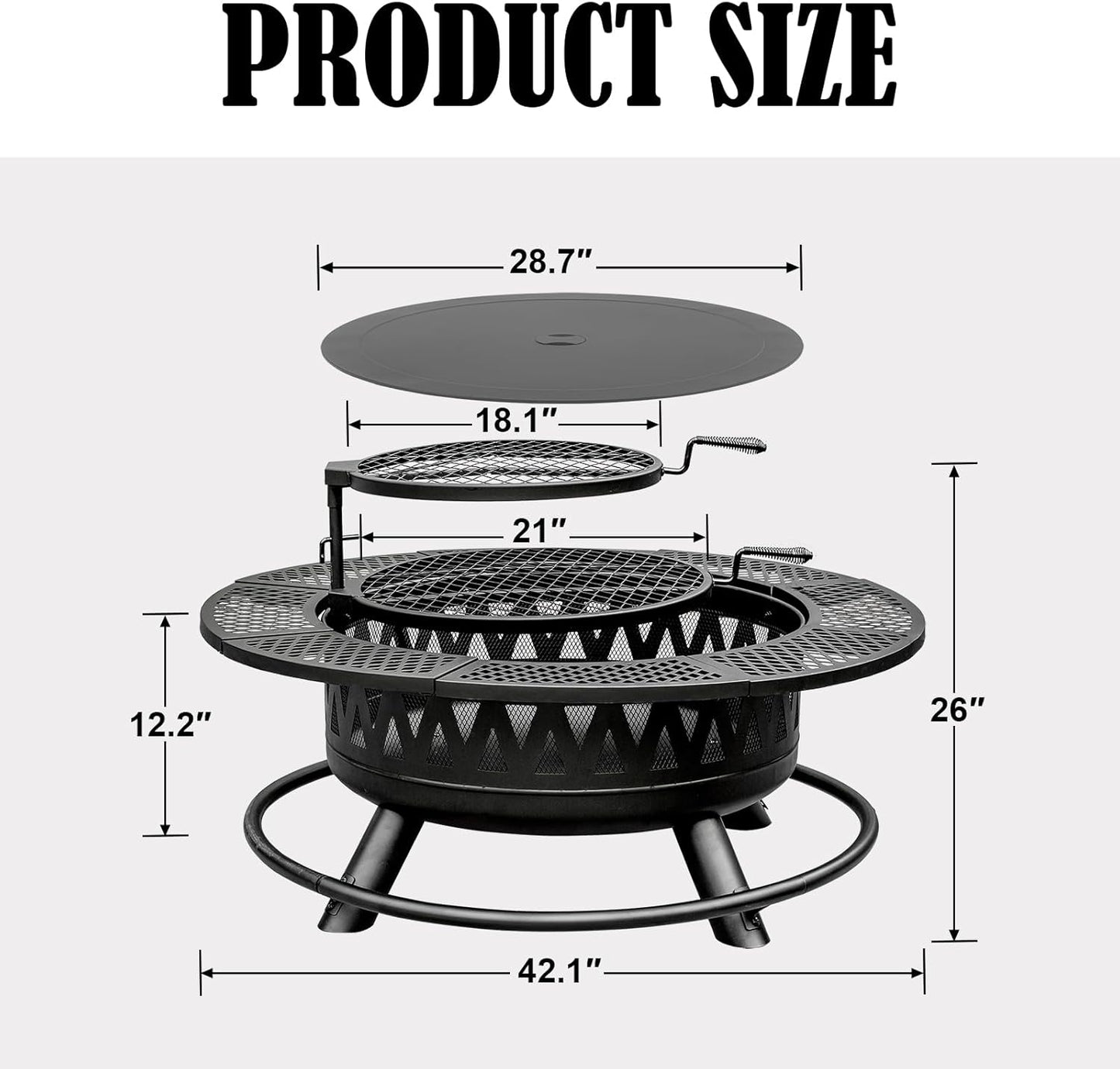 42 Inch Fire Pit with 2 Grills, Large Outdoor Firepits for Outside, Wood Burning Fireplace for Camping,Picnic,Bonfire, 3-in-1 Round Metal Table with Lid for Backyard,Patio,Party
