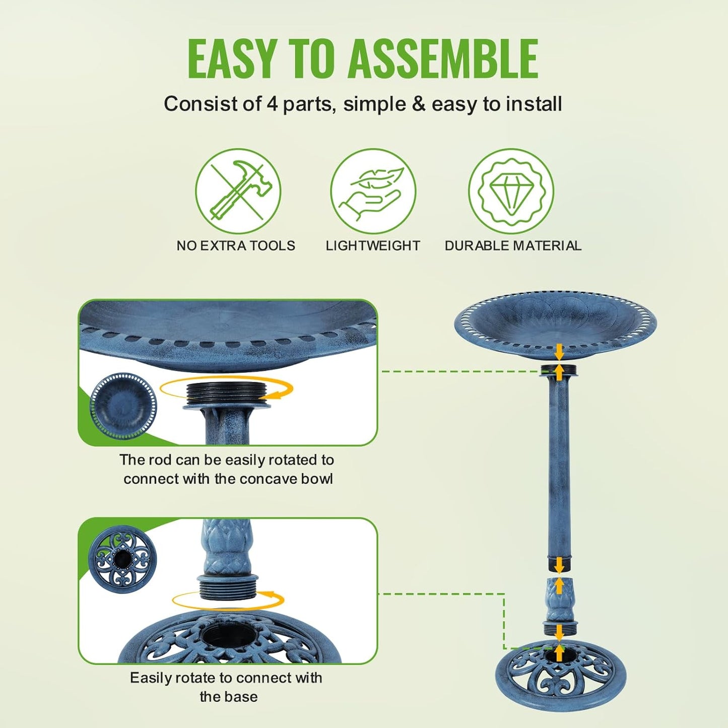 Backyard Expressions Outdoor Garden Bird Bath - Blue - Weather Resistant Polyresin - 27 Inch