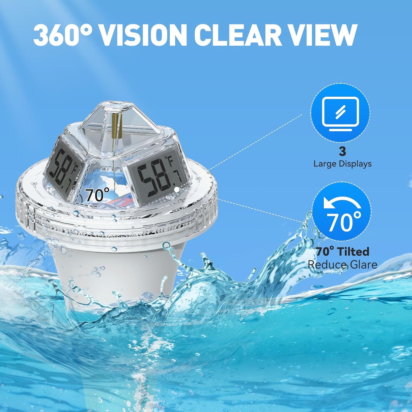 RAINPOINT Anti-Fog 360° Reading 3 Displays Wireless Digital Pool Thermometer Floating for Ice Bath,Dual-Layer IP68 Waterproofing Remote Temperature Monitor Easy Read Hot Tub SPA Inflatable Pool
