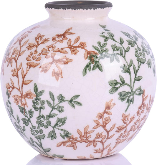 Green, White, and Brown Vintage Round vase, Chinese-Style Green Farmhouse Decorative vase, Suitable for Home Decor，Living Room, Dining Table, Office, Bookshelf, TV Cabinet, entryway Decor.