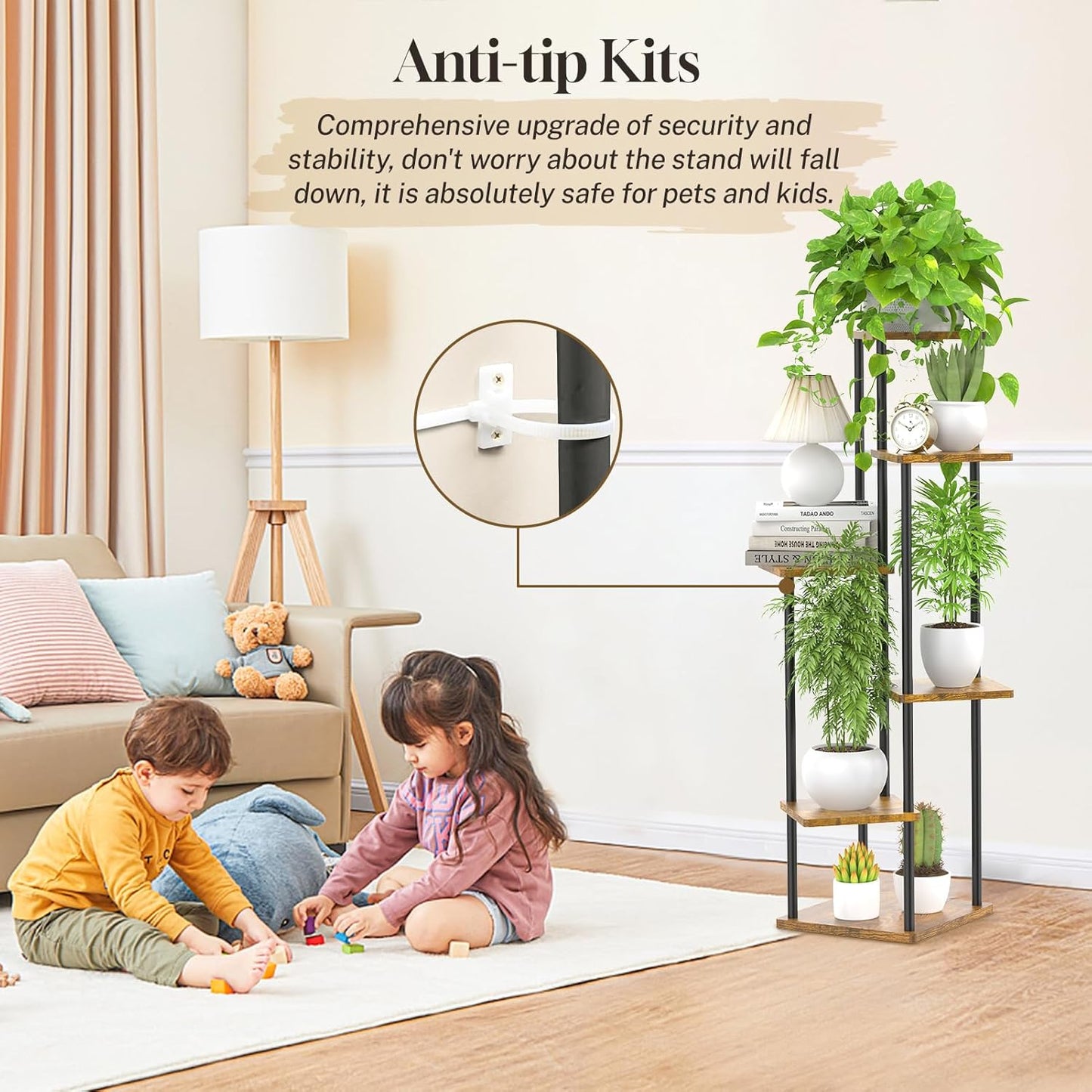 6 Tier Tall Plant Stand Indoor, Large Wood Metal Planter Shelf Holder for Narrow Corner, Sturdy Vertical Multiple Flower Orchid Pot Decorative Rack for House Living Room Bedroom Office, Rustic Black