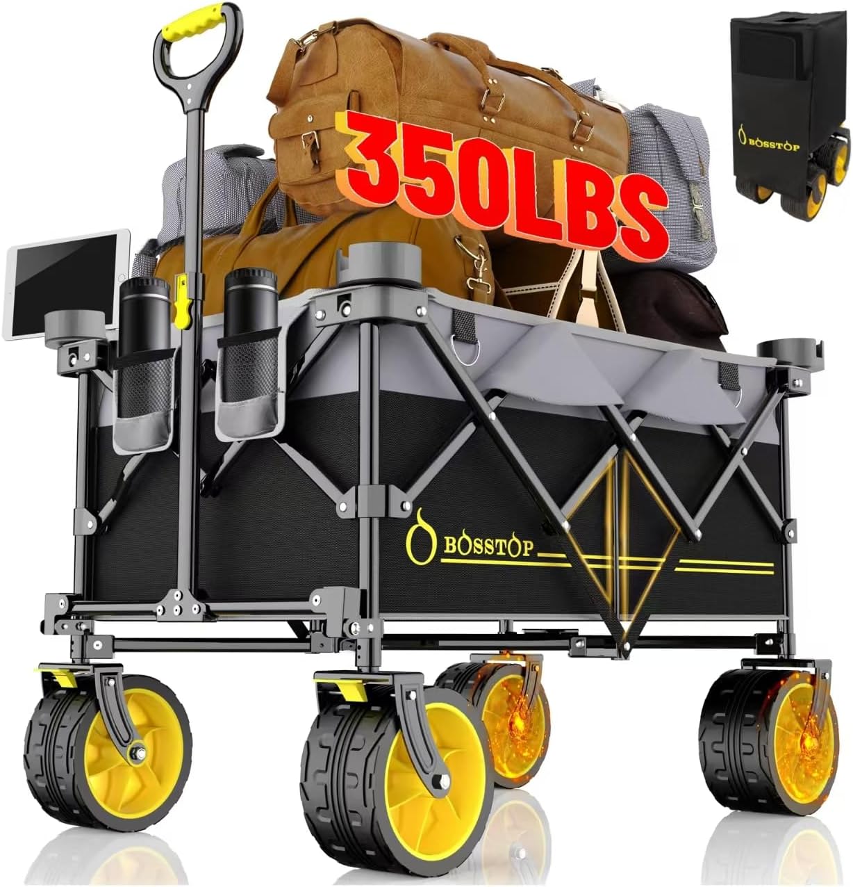 Collapsible Extended Wagon with Big All-Terrain Wheels 350LB& Oversized Outdoor Heavy Duty Utility Garden Cart Foldable Large Beach Wagon for Sand Fishing Camping Portable Grocery Pull Cart