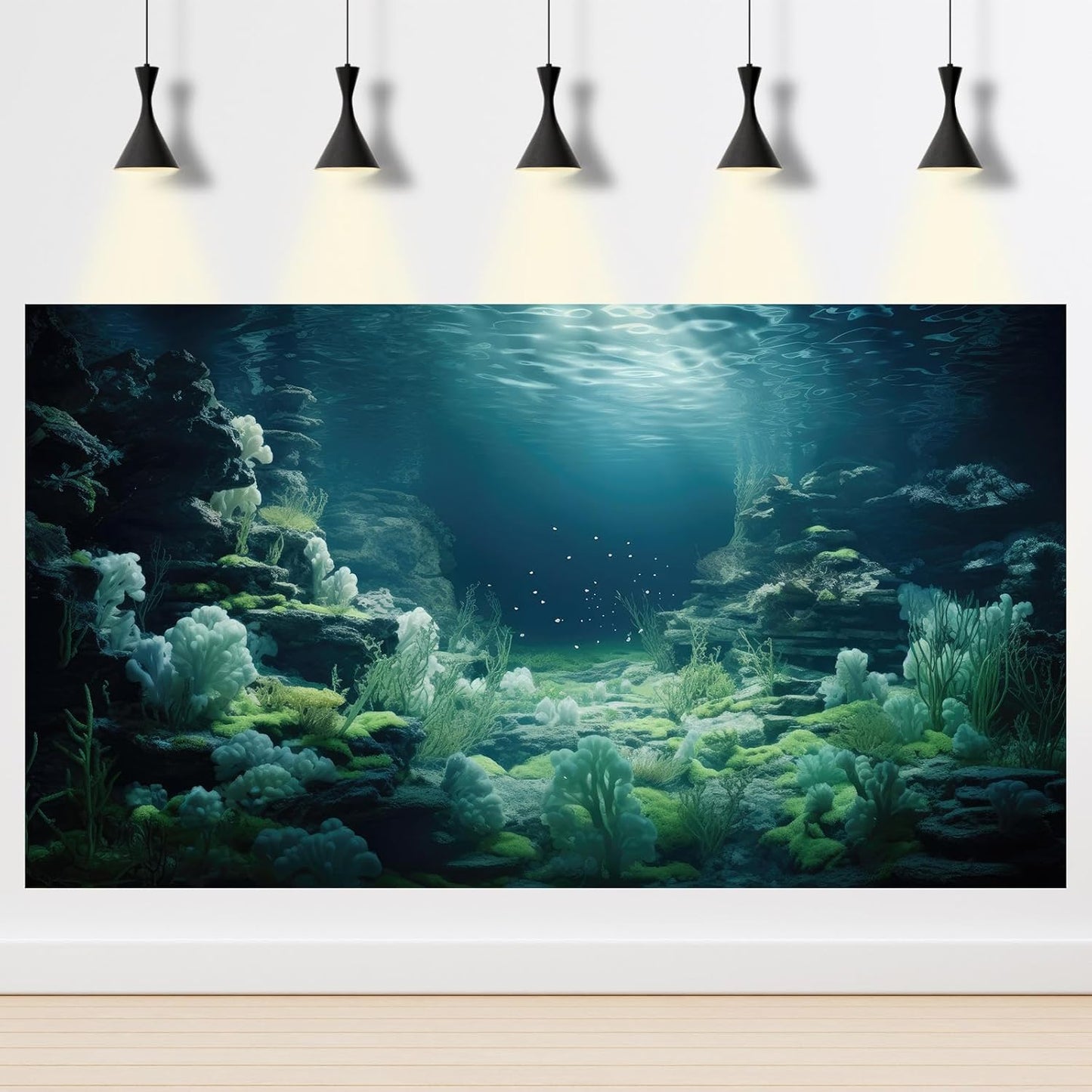 Aquarium Background Underwater Bioluminescent Life Coral Terrarium Backdrop White Coral Lush Moss Fish Tank Background Rock Sunlight Rays Tank Aquarium Wallpaper Poster Vinyl 48x24in