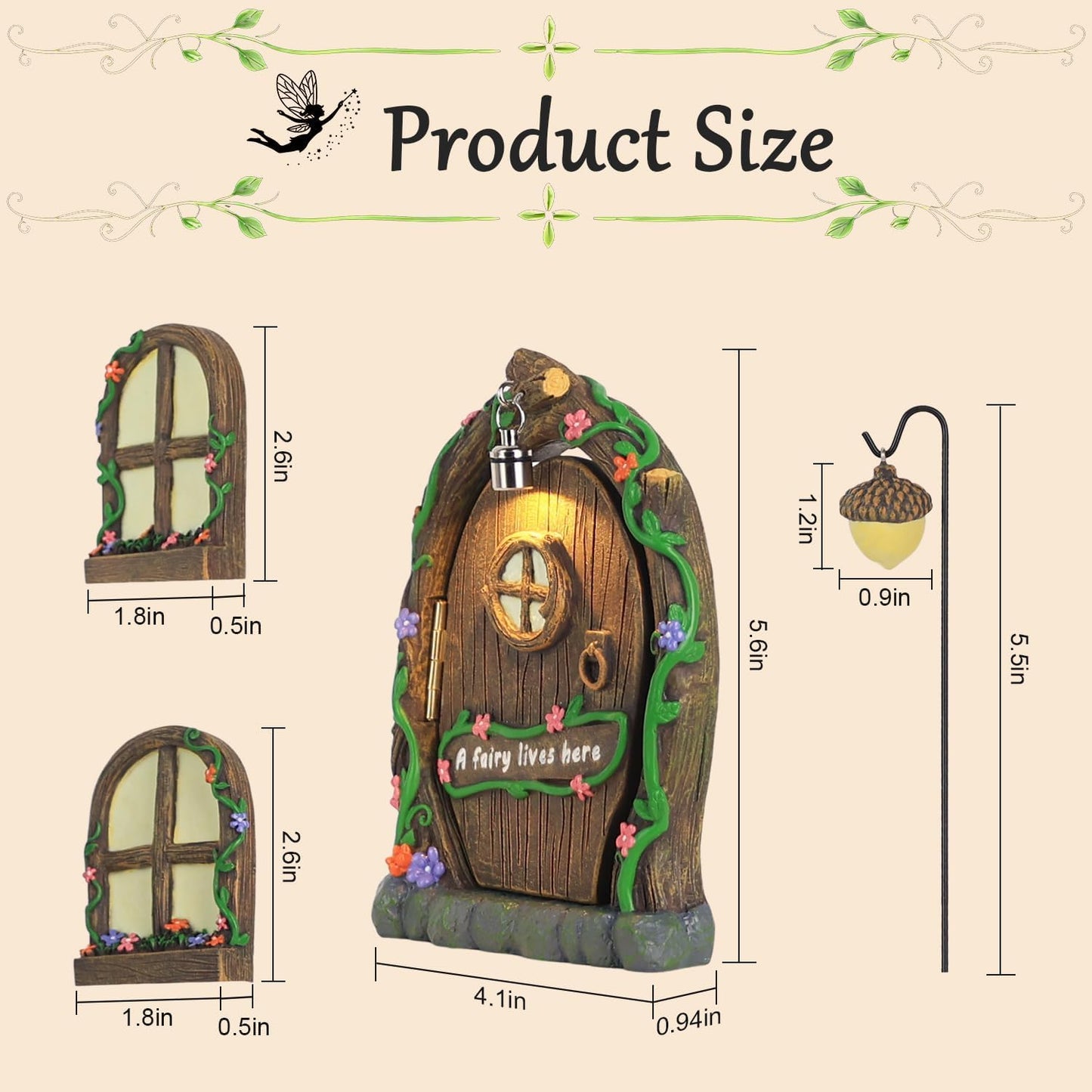 MEETYAMOR Miniature Fairy Garden Accessories, 4 PCS Opening Fairy Door and Windows with Light for Trees, Glow in The Dark Yard Art Outdoor Statues Fairy House Kit Garden Decor for Outside