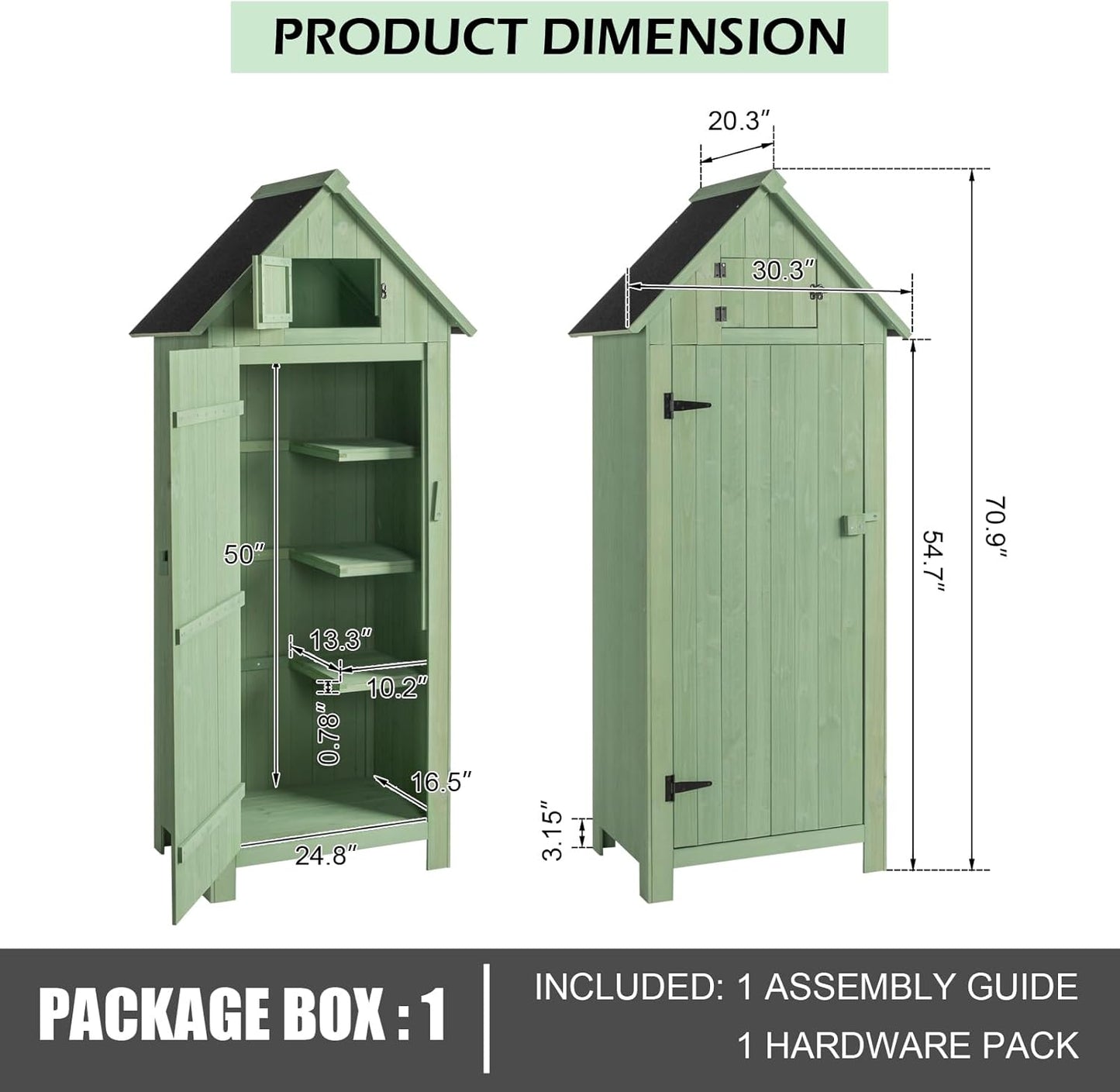 Outvita Outdoor Storage Cabinet, 70in Wooden Vertical Garden Tools Shed, Patio Storage Organizer with Latch & Waterproof Roof for Yard Deck Lawn Farmland Equipment(Green)