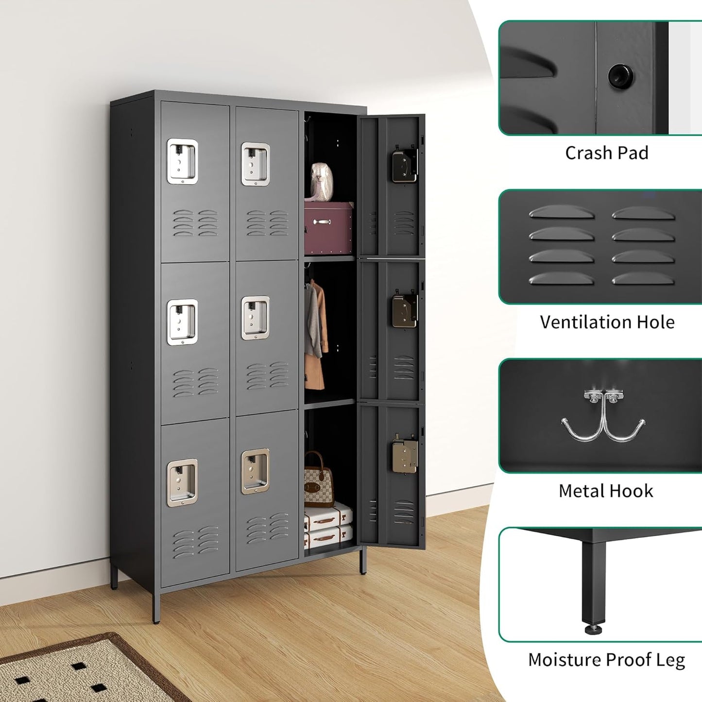 Metal Lockers for Employees, Storage Employee Locker, 72" Storage Lockers with Shelves Steel Cabinet for Home (Black, 9 door-72'')