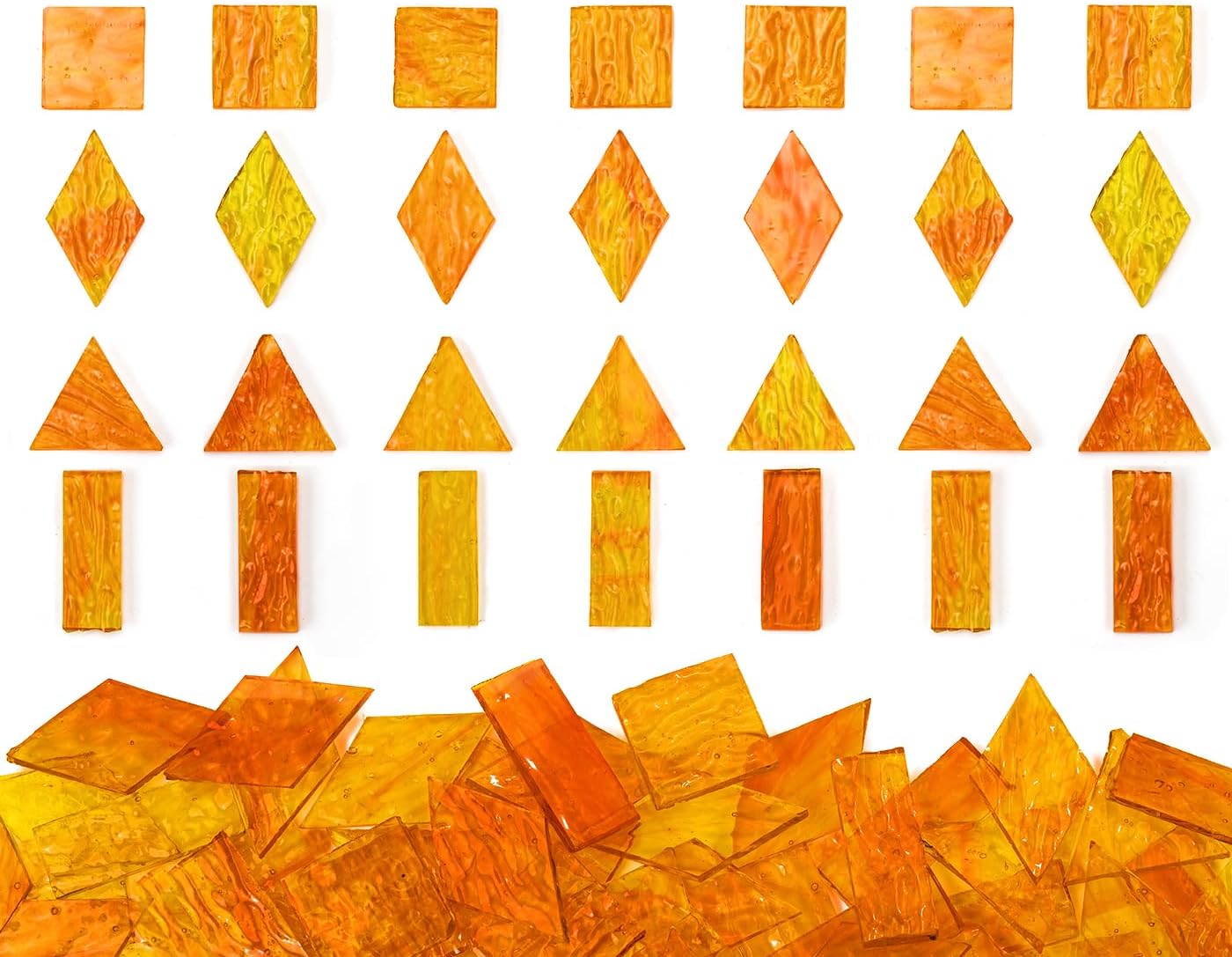 Large Textured Transparent Glass Mosaic Tiles, 200G Vibrant 4 Shapes Stained Pieces for DIY Crafts Bulk, 70pcs for Art Decor, Pumpkin