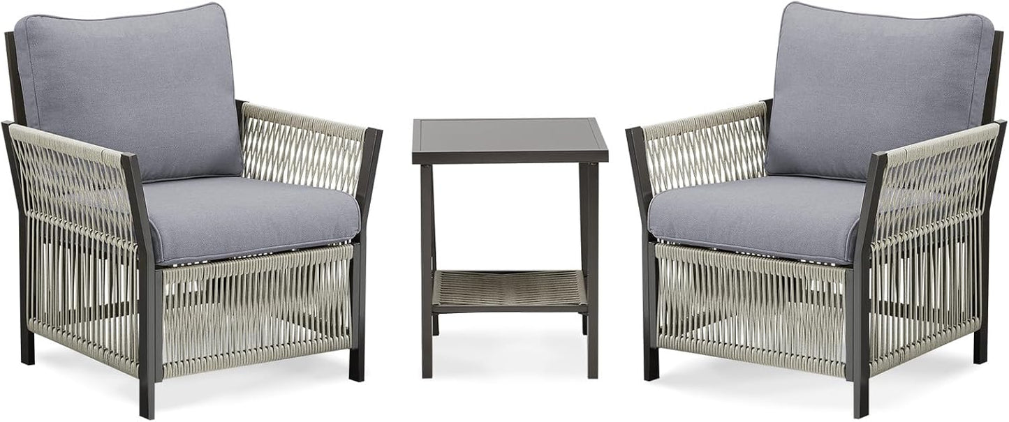 Patio Furniture Wicker Outdoor Conversation Set, 3-Piece All Weather Patio Furniture Rattan Rocking Sets with Removable Cushions & Side Table for Backyard, Balcony and Deck, Dark Grey