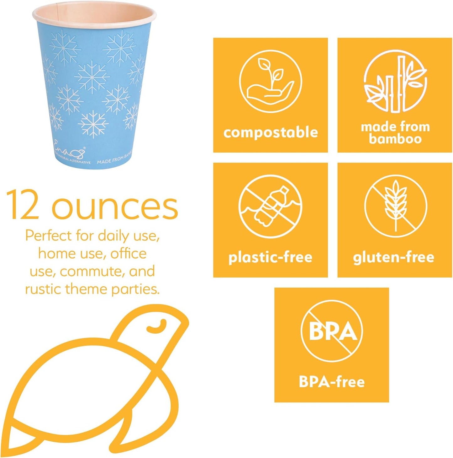 100% Compostable Disposable Coffee Cups [12oz (355ml) 80 Pack, Winter Blue] Paper Cups Made from Bamboo, Eco-Friendly, Biodegradable Premium Party Cups by Earth's Natural Alternative