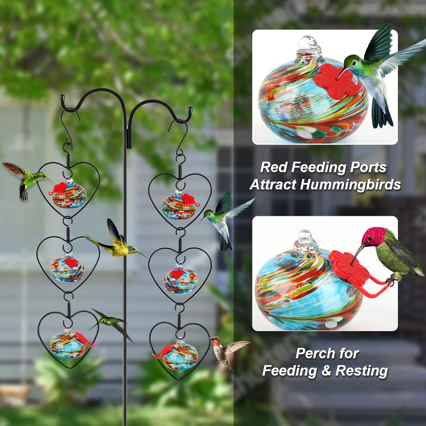 6 Pcs Heart-Shaped Hummingbird Feeder for Outdoors Hanging, Flexible Stackable Hand Blown Glass Humming Bird Feeders with 6 Adjustable Perch for Garden Tree Yard Patio Outdoors (Heart Shaped, Blue)