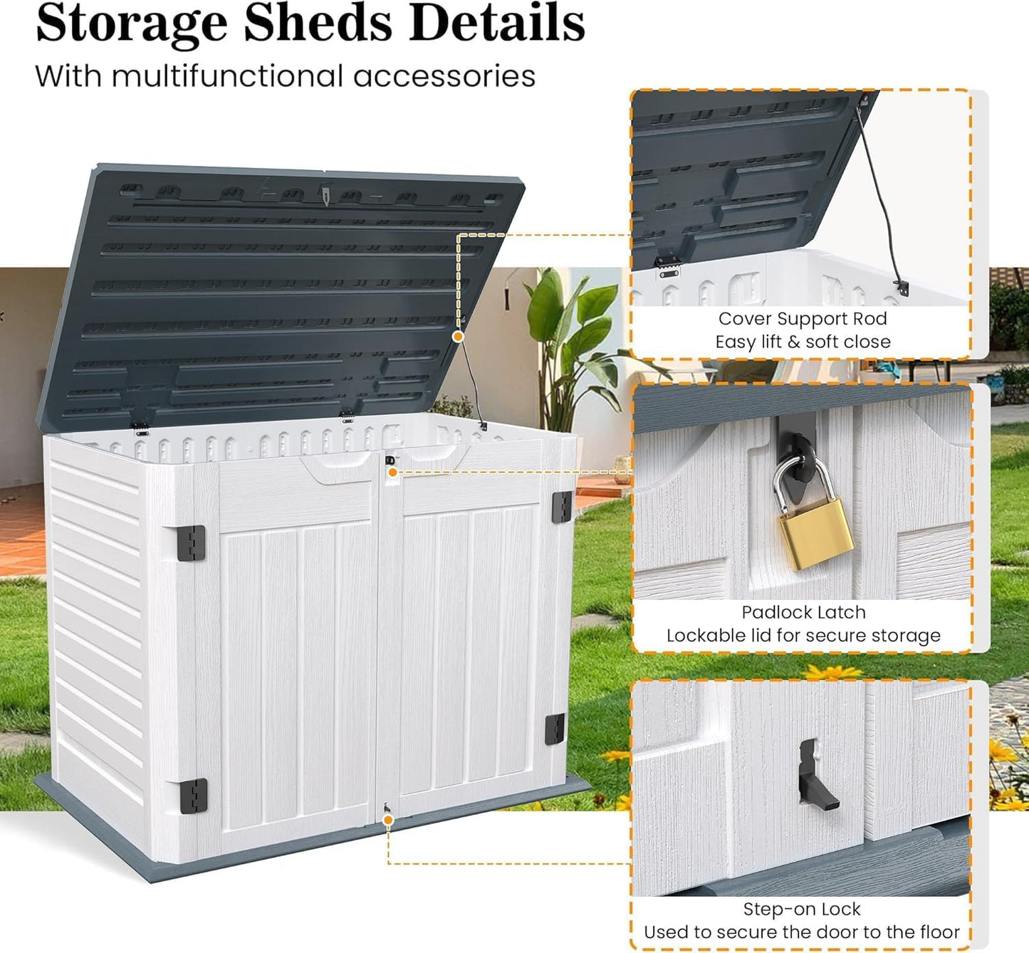 UDPATIO Outdoor Storage Cabinet 35 Cu Ft, Resin Horizontal Outdoor Trash Can Storage Box Lockable Shed 4 x 2 ft for Garbage, Garden Tools, Lawn Mowers