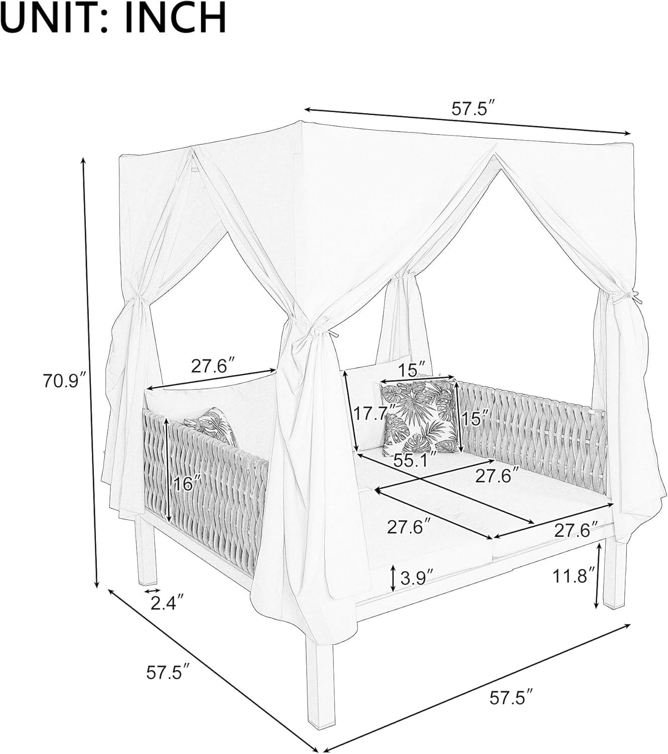 Polibi Outdoor Patio Sunbed with Beige Curtains,Outdoor Sun Lounger Bed with Pillows,Rubber Core Rope Weaving Outdoor Double Chaise Lounge Suitable for Pool,Garden,Gray+Beige