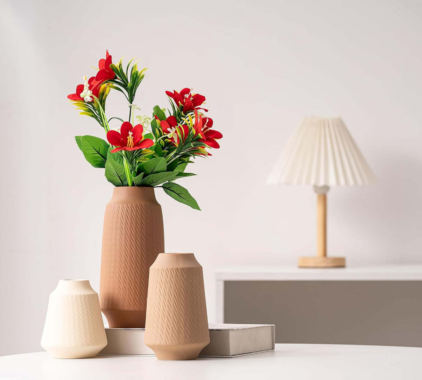 Ceramic Vase Set of 3, Modern Multicolor Pattern Flower Vases for Home Decor, Office, Centerpieces, Boho Farmhouse Style (Khaki/Brown/Beige)