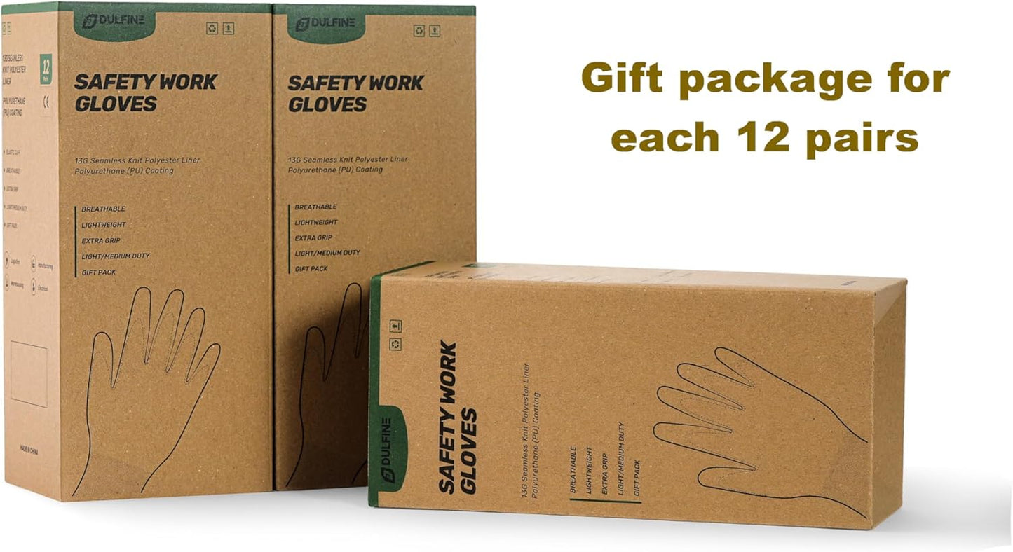 DULFINE Safety Work Gloves PU Coated-12 Pairs,Grey Seamless Knit Glove with Polyurethane Coated Smooth Grip on Palm & Fingers, for Men and Women, Ideal for General Duty Work (Medium)