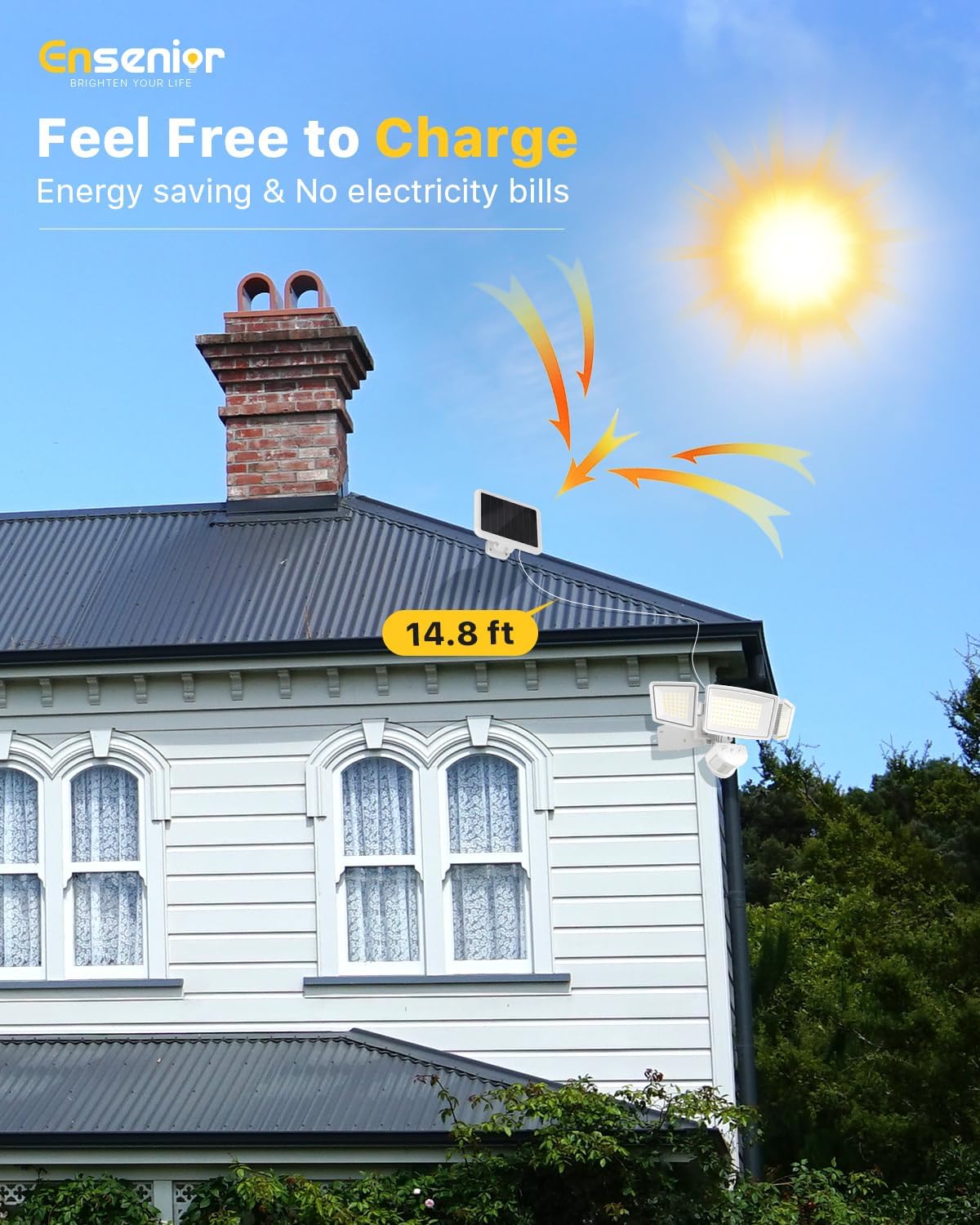 Ensenior 1800LM Solar Flood Lights Outdoor, Motion Sensor Outdoor Light 6500K, IP65 Waterproof, Separate Solar Panel, Solar Security Light with 5 Sensor Modes and 3 Adjustable Head for Yard (White)