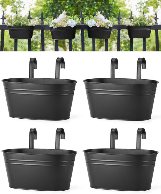 Dahey Metal Iron Hanging Flower Pots for Railing Fence Hanging Bucket Pots Countryside Style Outdoor Planter Window Flower Plant Holder with Detachable Hooks Home Decor, Black,4 Pcs