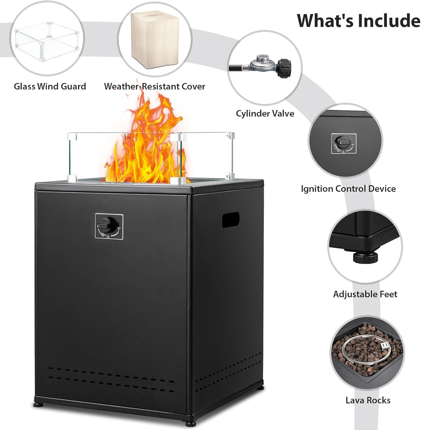 Fire Pit Table Propane Smokeless Fire Pit Outside Heater Patio with Lava Rocks，Glass Wind Guard and Cover,20" Square Fire Pit Table for Balcony Garden Outdoor Camping Deck Backyard,Black