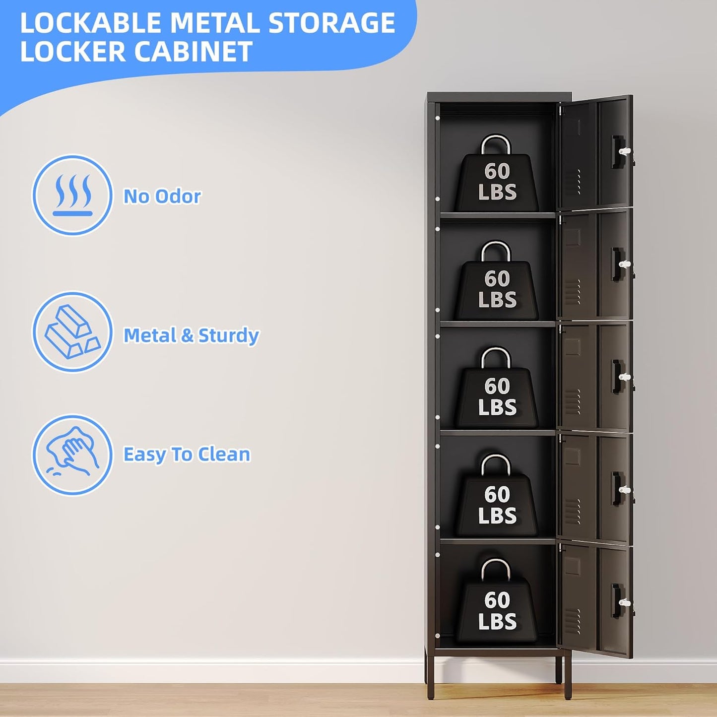 METAN Metal Storage Employees Locker with 5 Lockable Doors,Locking Storage Cabinets for Small Spaces,Home,School,Gym,Assembly Required,Black