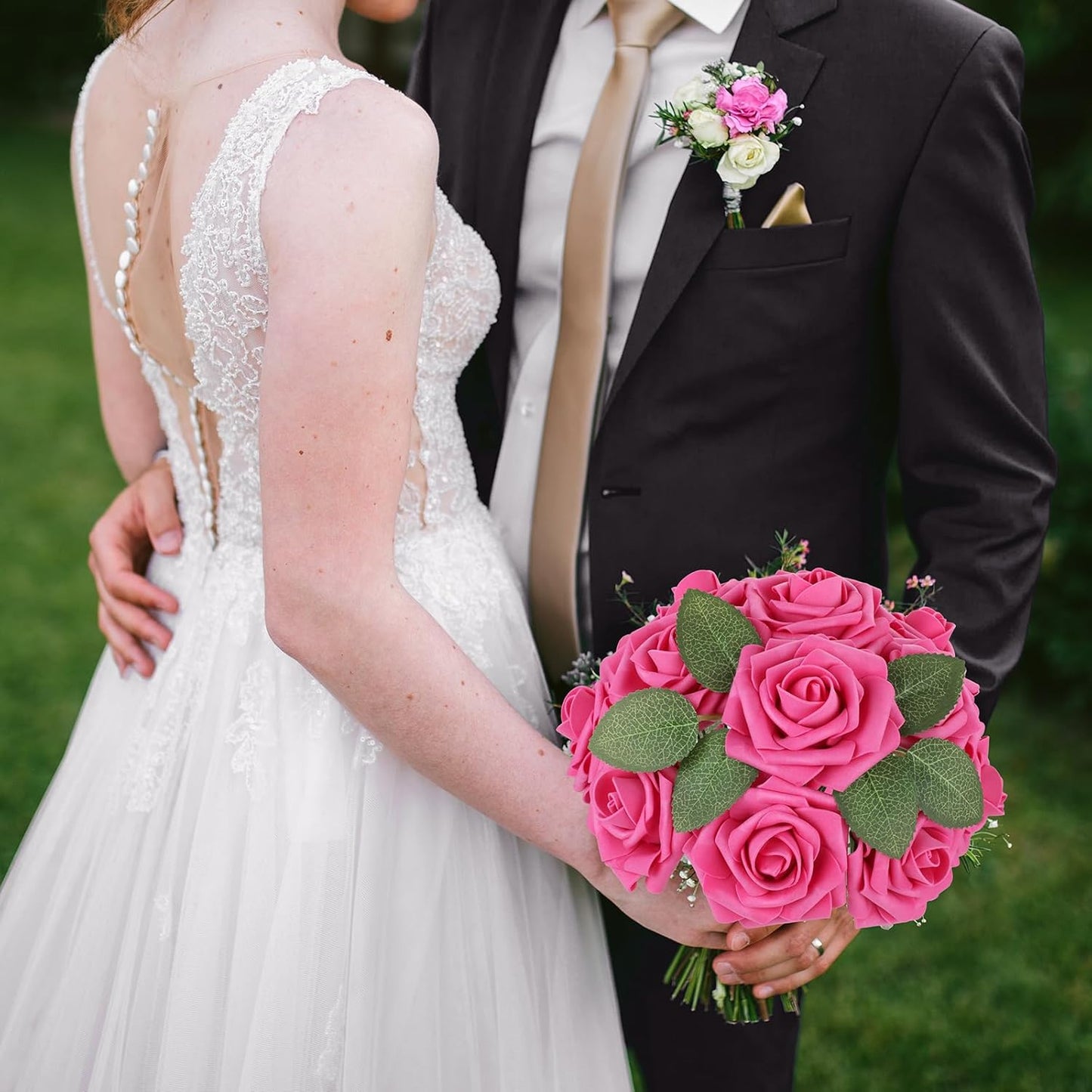 AmyHomie 25pcs Real Looking Artificial Hot Pink Roses w/Stem for DIY Wedding Bouquets Centerpieces Arrangements Party Baby Shower Home Decorations