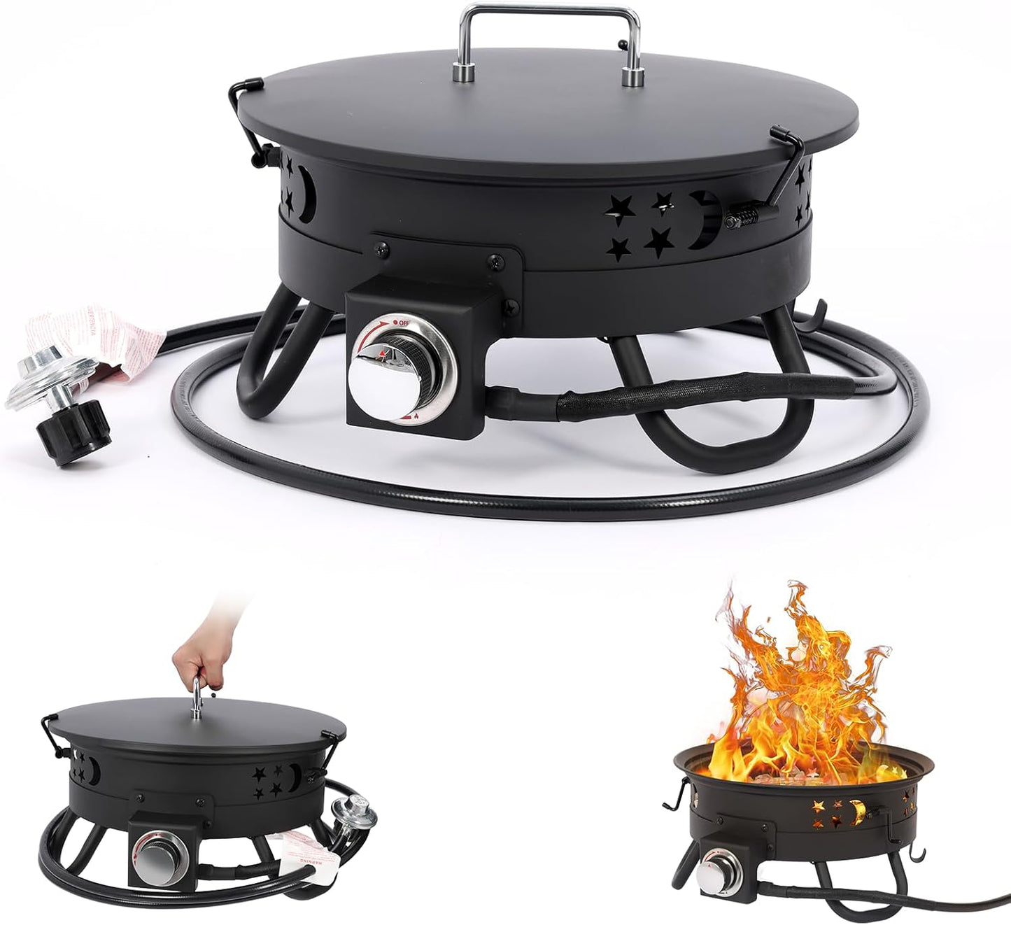 Portable 17 inch Propane Fire Pit 58000 BTU Smokeless Gas Fire Bowl with Adjustable Flame,Cover Carry Kit,CSA Certified for Camping,Patio,Backyard,RV&Tailgating-Includes Hose&Lava Rocks