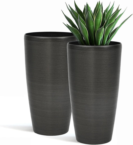 22.8" Large Tall Pot Planters, Set of 2 Modern Flower Pots with Handmade Brushed Metal Finish, Weather-Resistant for Indoor/Outdoor Year-Round Use
