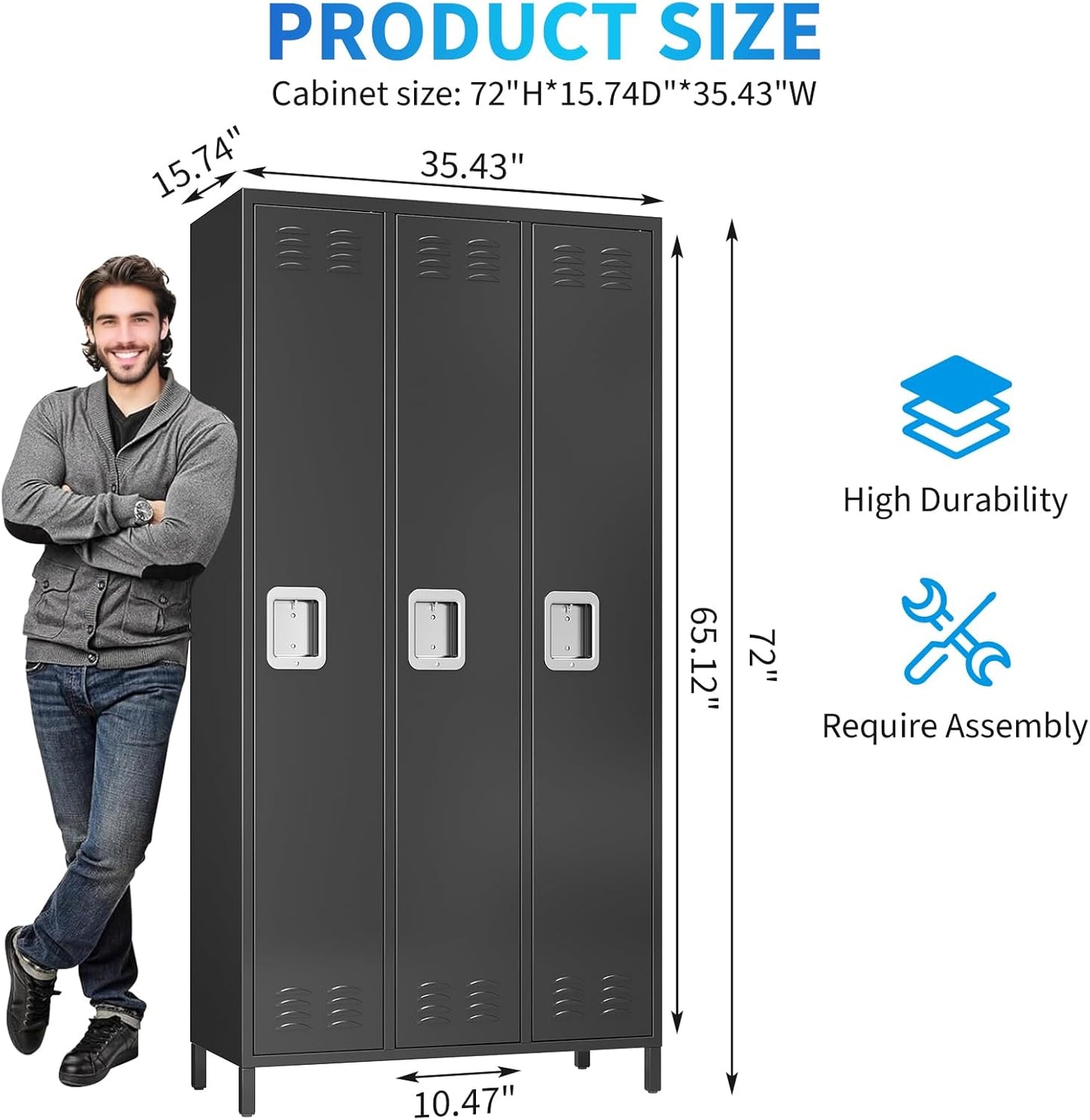 72" Metal Lockers for Employees with 3 Door, Black Metal Storage Cabinet with 9 Hooks, Industrial Locker, Assembly Required, for Gym, School, Classroom, Home, Office, Industrial