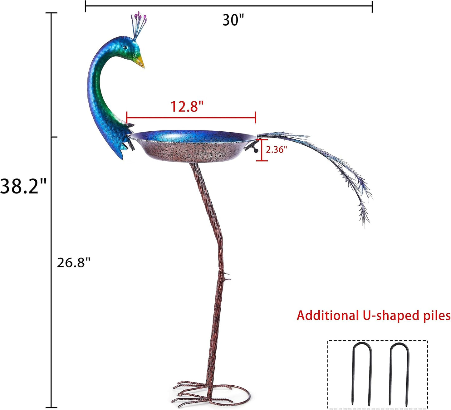 12.8" W*38.2" H Peacock Bird Baths for Outdoor, Metal Bird Feeder Seed Trayr,Bird Bath Drinker Plate, Garden Lawn Yard Decor(Multicolor)