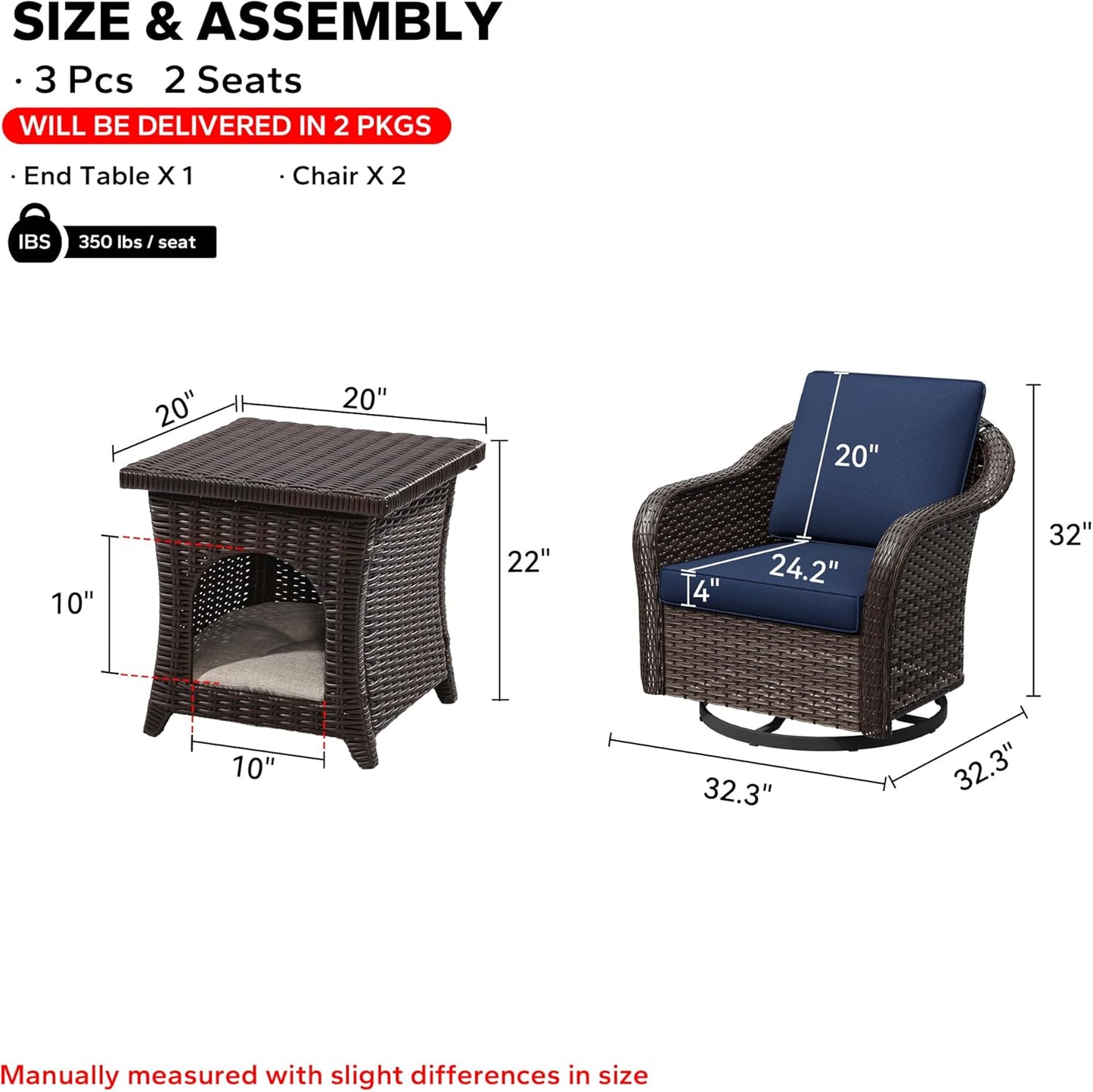 Outdoor Wicker 360 Degree Swivel Glider Rocker Chairs Set of 2 with Cat House Side Table, Patio Conversation Furniture Set with Washable Cushions for Garden, Poolside (Navy Blue)