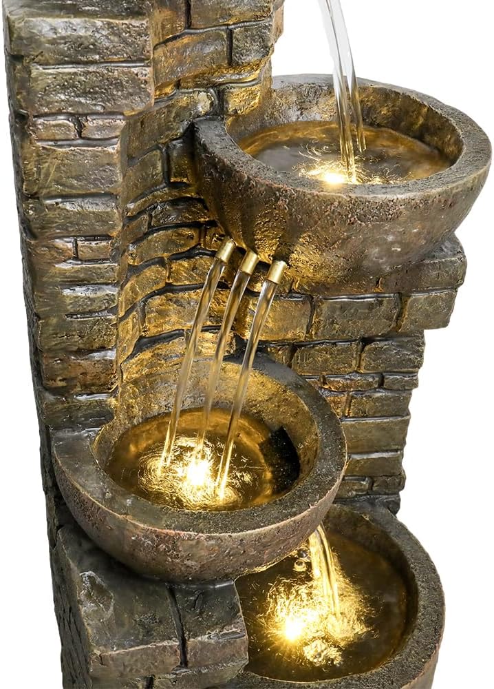38.2 ''H Cascading Bowls and Stacked Stones with Led Lights Outdoor Water Fountain for Gardens, Landscaping, Balconies, Floor Patio,Backyard and Home Art Decor