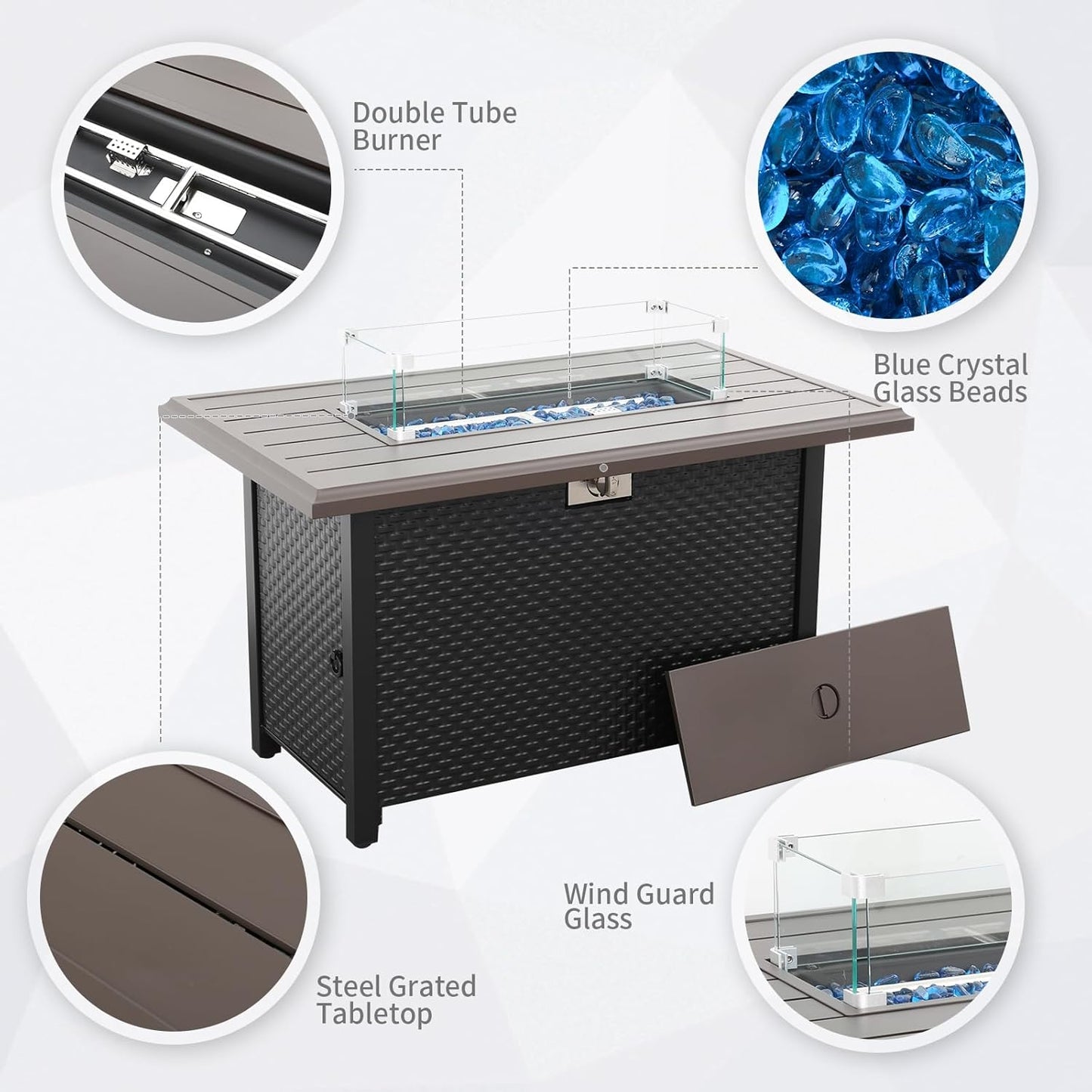 45 Inch Fire Table for Outside 60000 BTU Steel Gas Fire Pit Outdoor Fire Pit Table with Grille Tabletop Glass Wind Guard Fire Pit Cover and Blue Crystal Beads