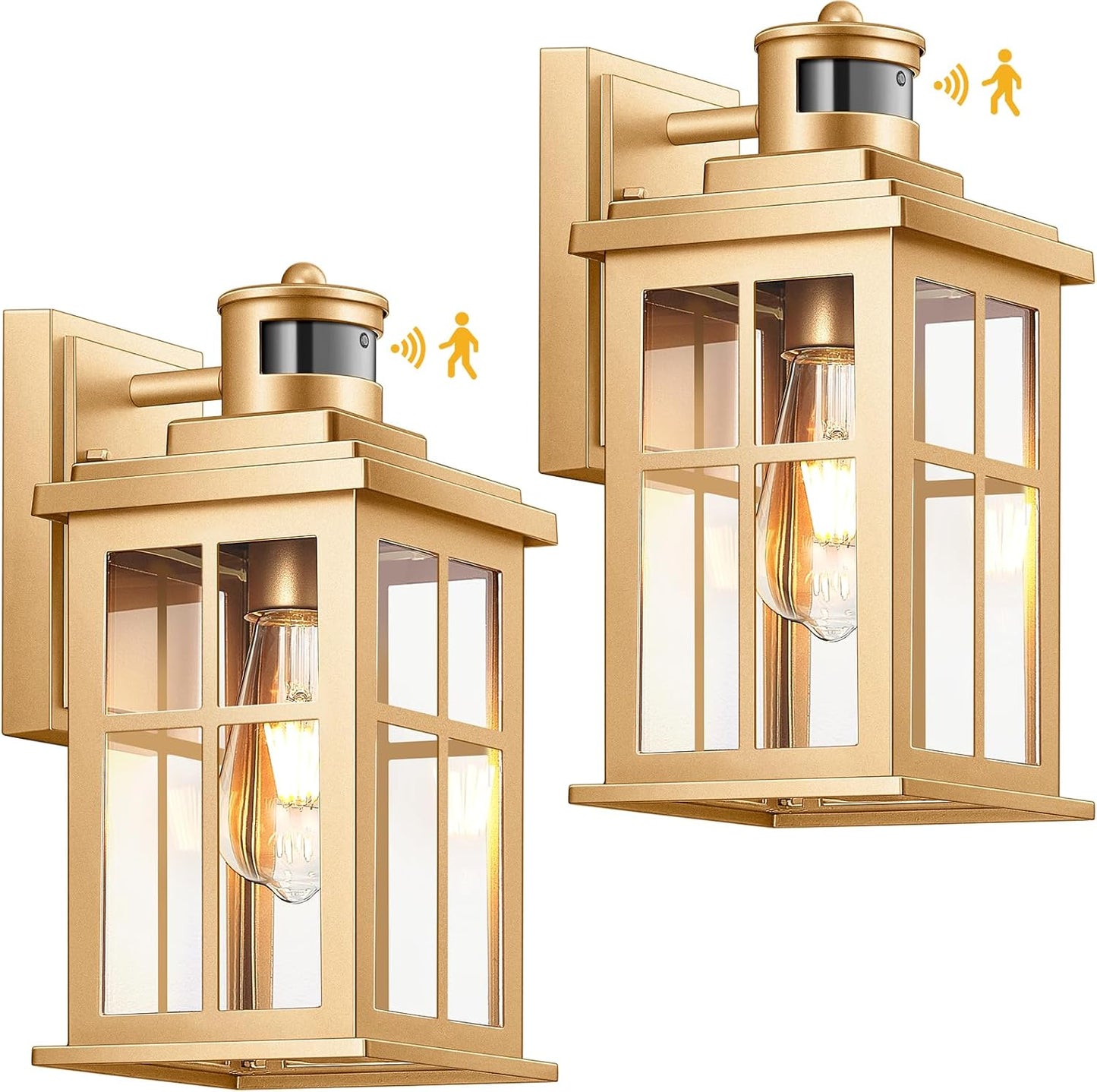 Gold Motion Sensor Outdoor Lights, Waterproof Exterior Lighting Fixtures, Aluminum Modern Outdoor Wall Lights Exterior, Transparent Glass Outdoor Porch Lights for House, Garden, Yard, E26 Base