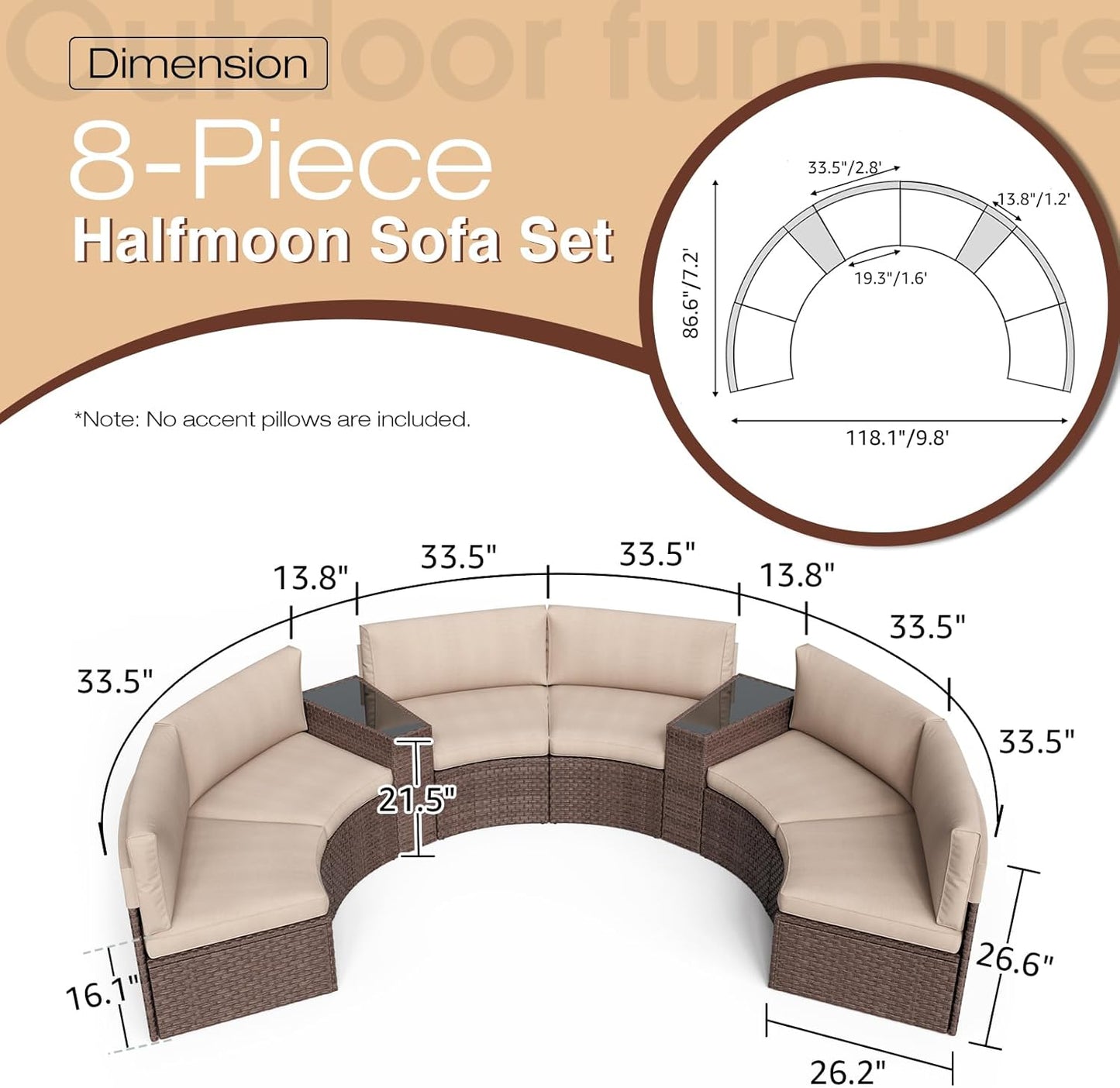 SUNSITT Outdoor Patio 8-Piece Half Moon Curved Furniture Sofa Set Brown Wicker Sectional Sofa Beige Cushions with 2 Side Table
