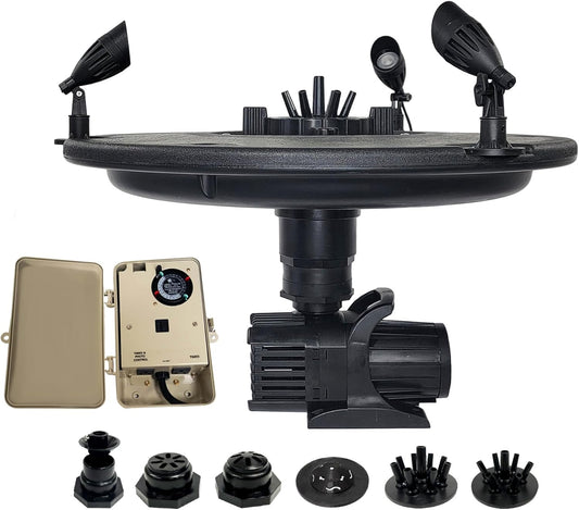 HALF OFF PONDS Floating Fountain – 1/2 HP Pond Aerator, 100' Cord – 6,100 GPH Water Pump – 9 Spray Patterns - Color-Changing LED Lights & Control Box - for Ponds & Water Gardens