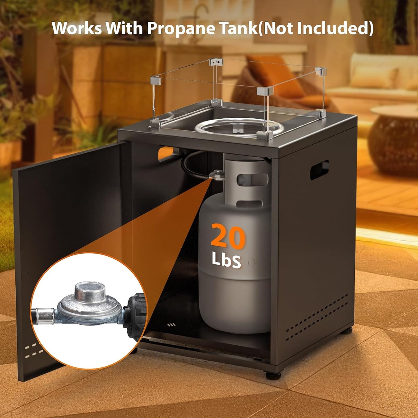 Fire Pit Table Propane Smokeless Fire Pit Outside Heater Patio with Lava Rocks，Glass Wind Guard and Cover,20" Square Fire Pit Table for Balcony Garden Outdoor Camping Deck Backyard,Black