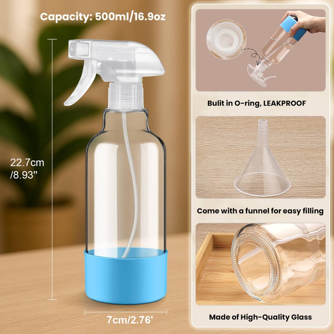 Glass Spray Bottles with Silicone Sleeve 16.9oz 2 Pack Empty Spray Bottle for Hair Mist/Stream Spraying for Cleaning Solutions, Plants, Essential Oils (clear-sblue&purple)
