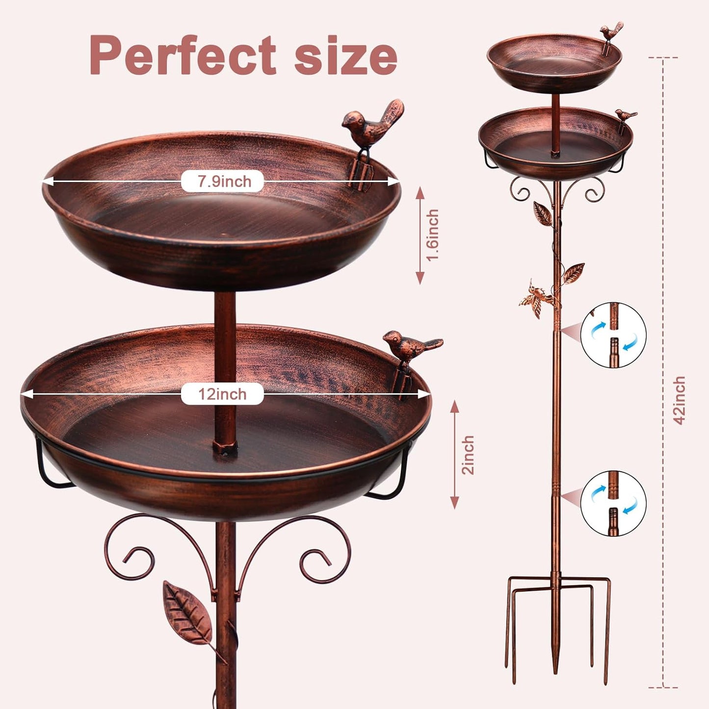 Metal Bird Bath for Outside, 2-in-1 Birdfeeder and Bath, 42 Inch Tall Stand with Hummingbird, Large 12Inch & Small 7.9Inch Bird Bath Bowl, 3 Bird Decor for Garden, Antique Bronze