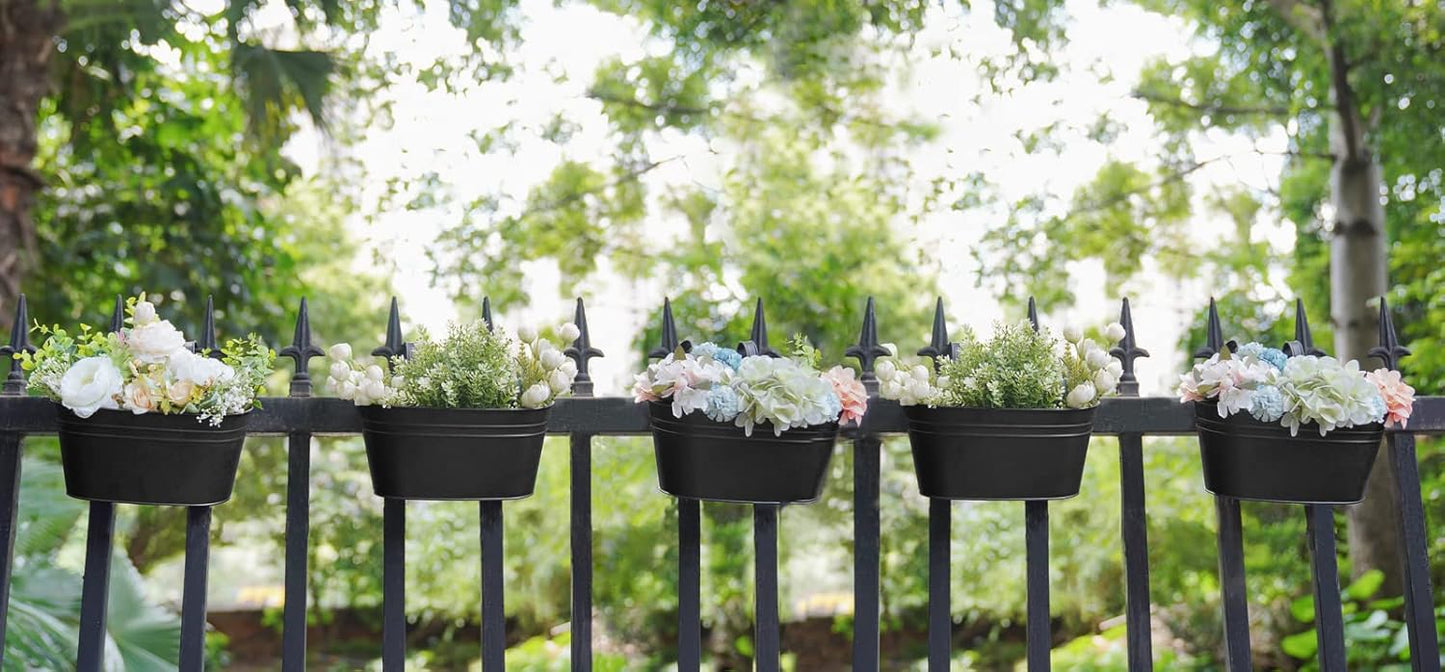 Dahey Metal Iron Hanging Flower Pots for Railing Fence Hanging Bucket Pots Countryside Style Window Flower Plant Holder with Detachable Hooks Home Decor,Black,5 Pcs